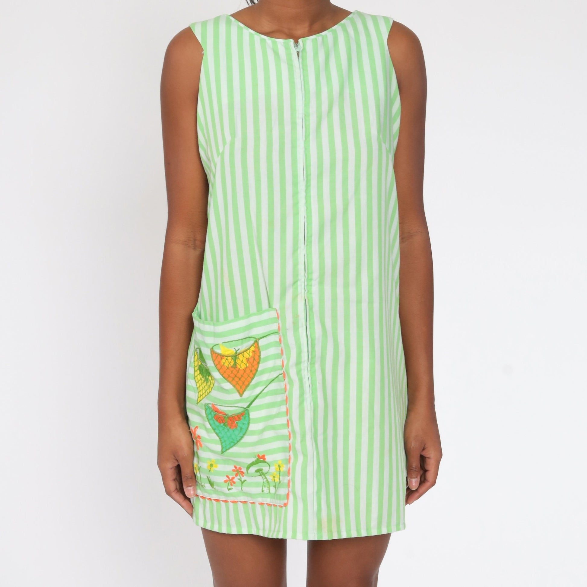 70s Butterfly Catcher Shift Dress Mushroom Embroidered Striped Mini Medium