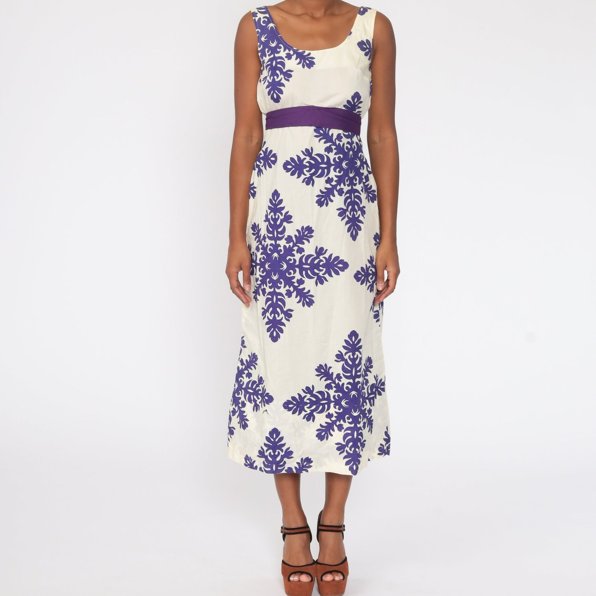70s Floral Midi Dress Empire Waist Sleeveless White Purple Extra Small
