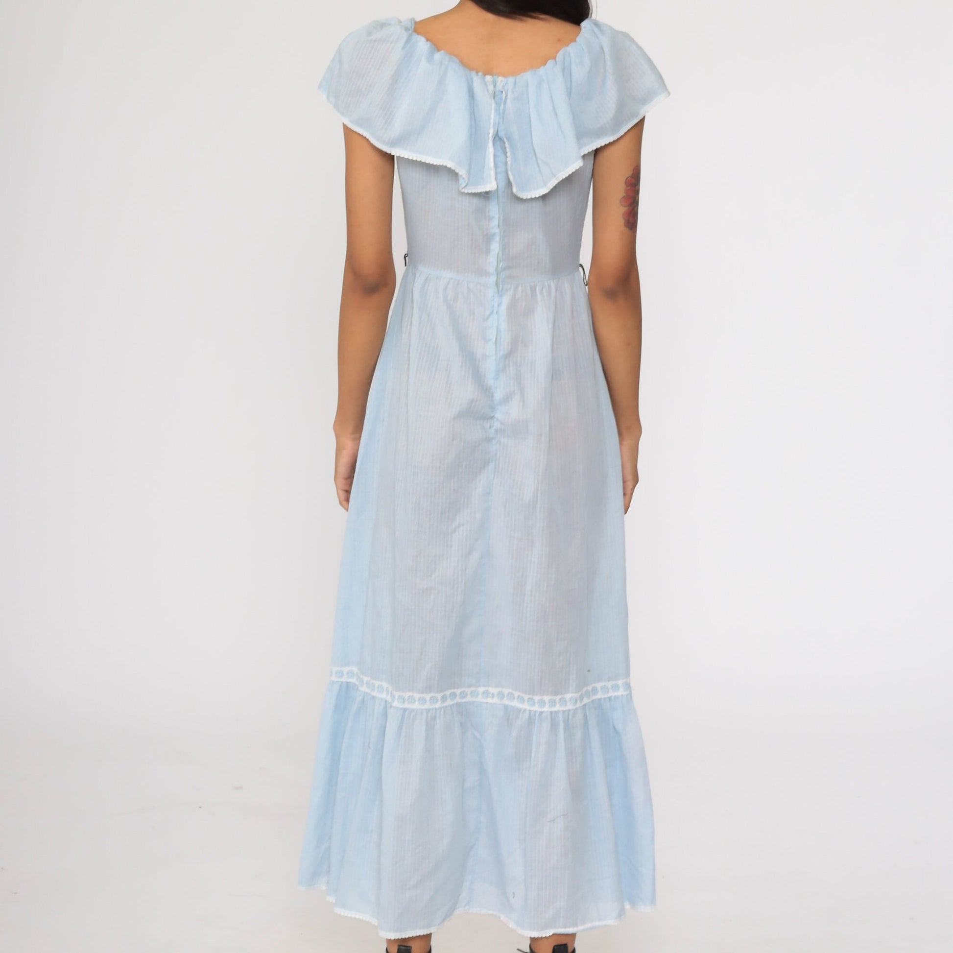 70s Blue Striped Peasant Maxi Dress Off-Shoulder Elastic Neckline Extra Small