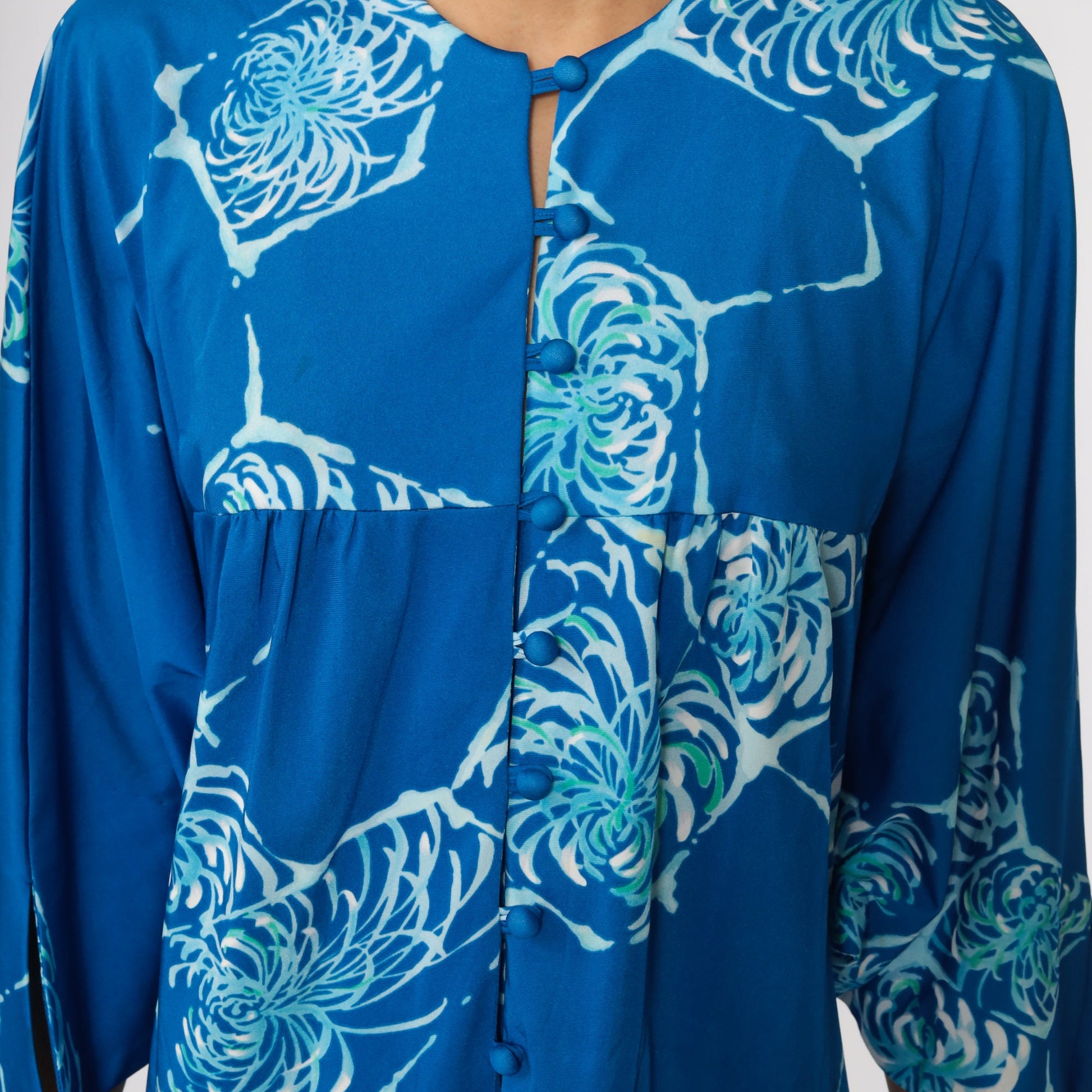70s Liberty House Floral Shift Dress Blue Dolman Sleeve Mini Medium