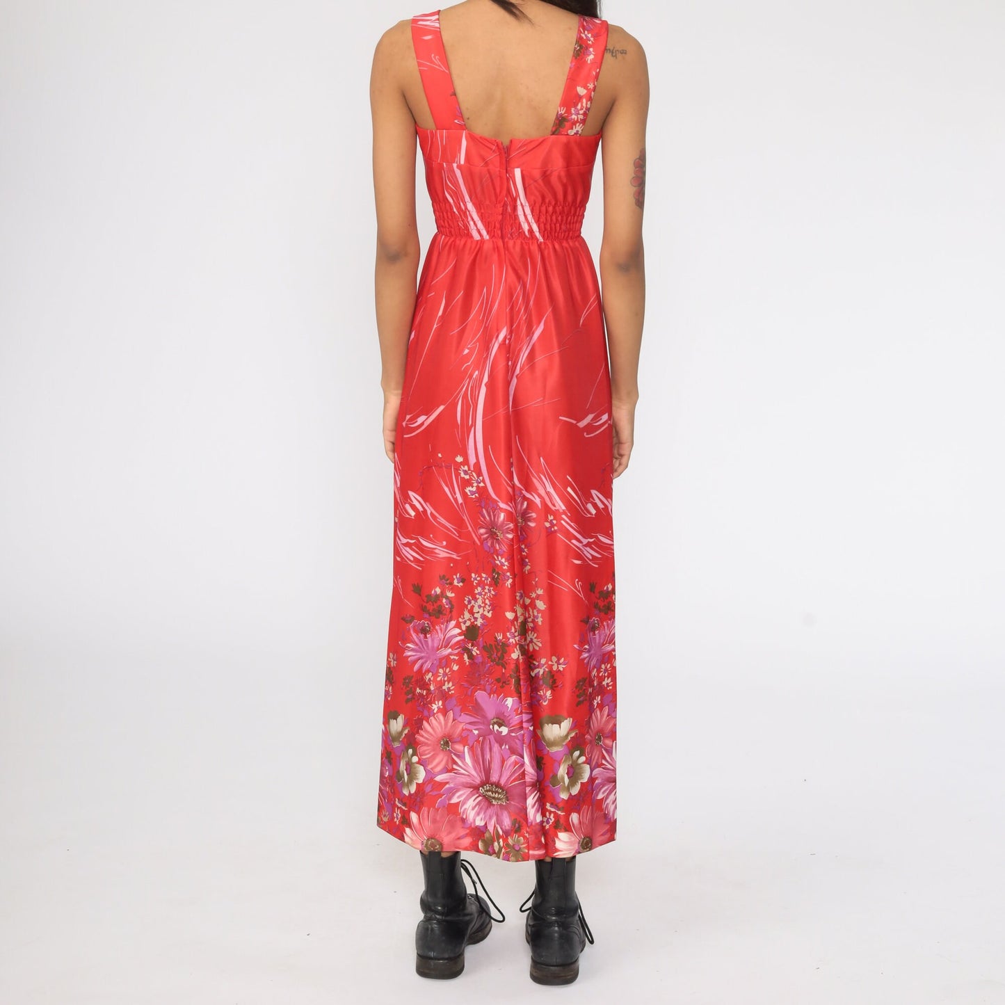 70s Floral Maxi Sundress Smocked Waist Spaghetti Strap Red Extra Small