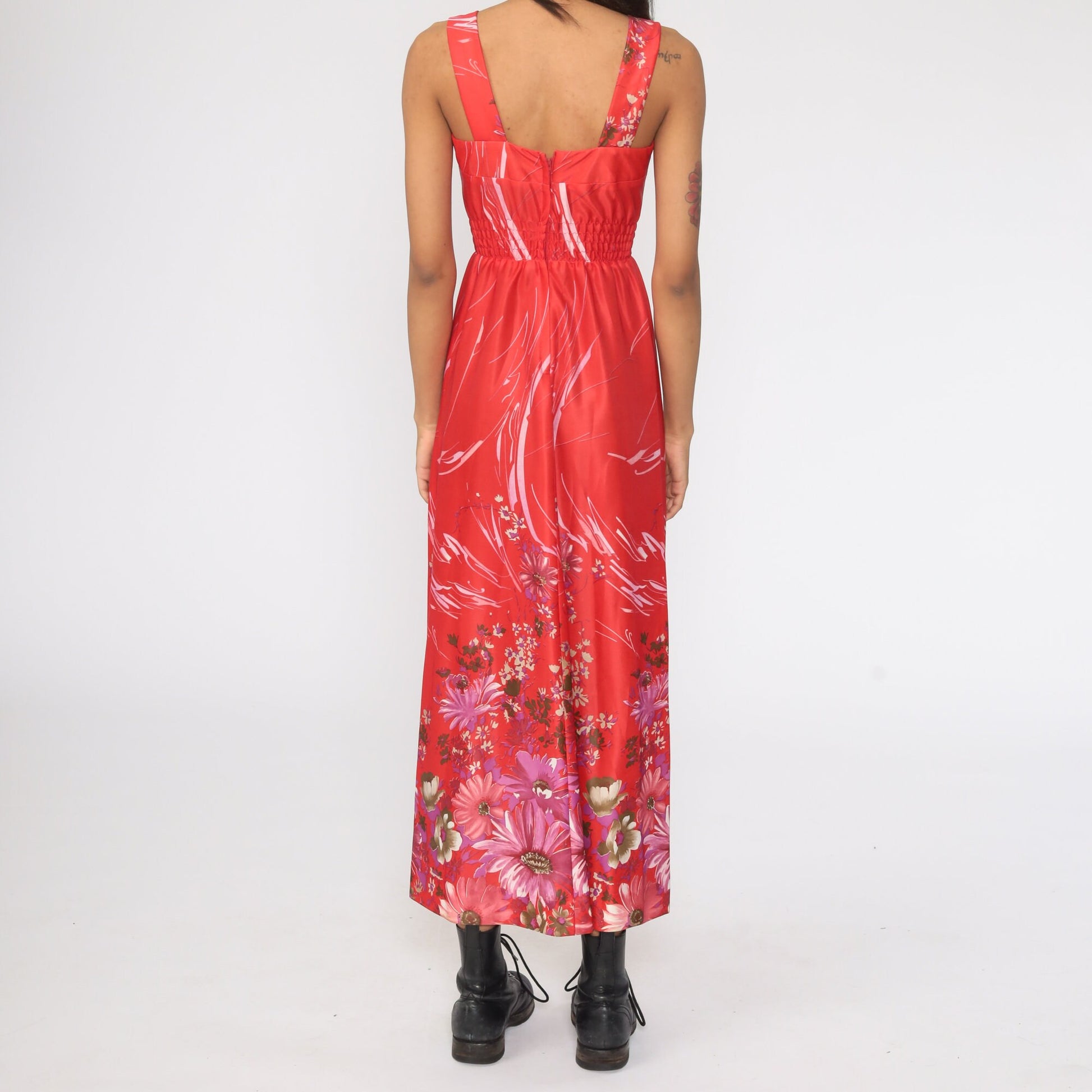 70s Floral Maxi Sundress Smocked Waist Spaghetti Strap Red Extra Small