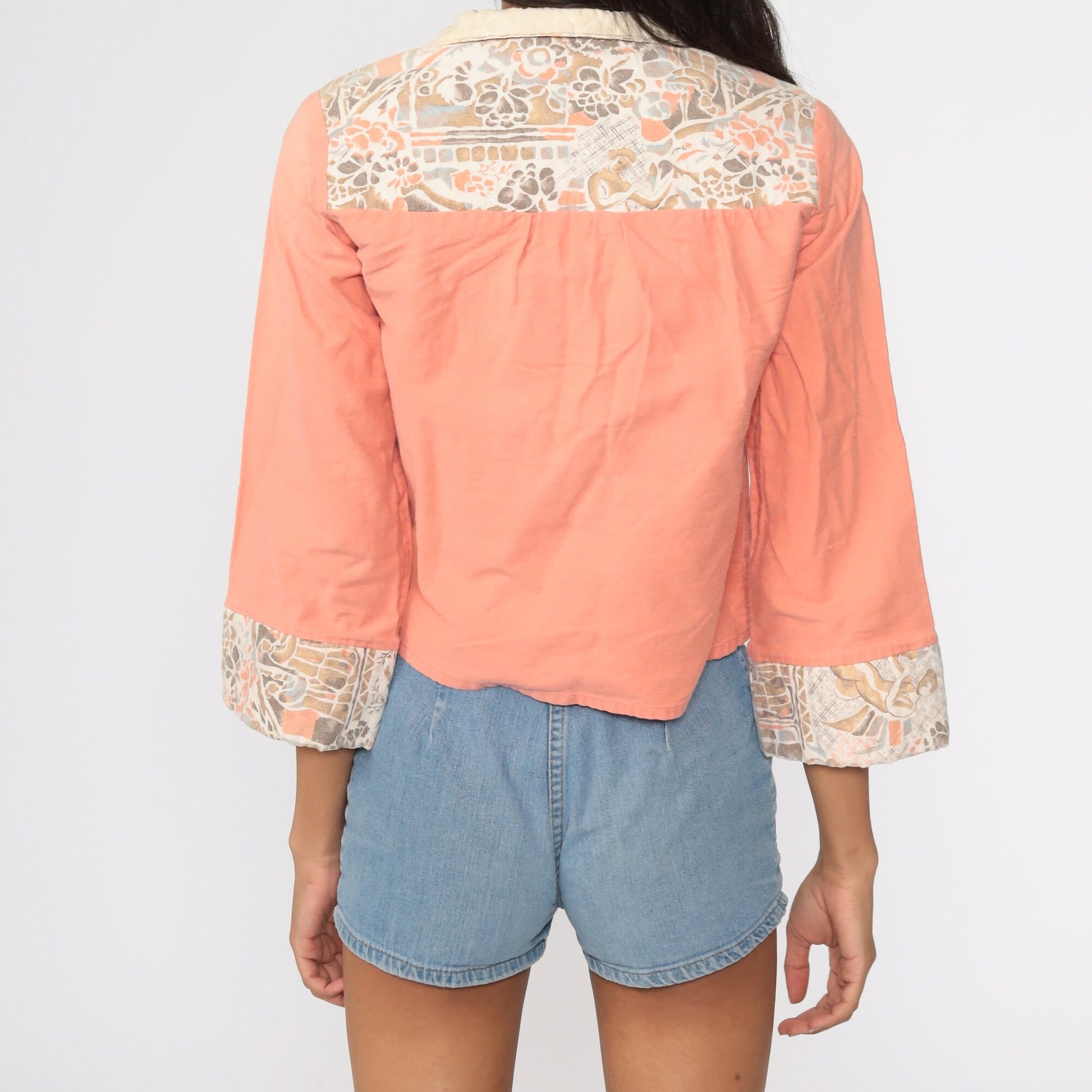 70s You Babes Orange Cotton Tunic Top Wide Sleeve Blouse Extra Small