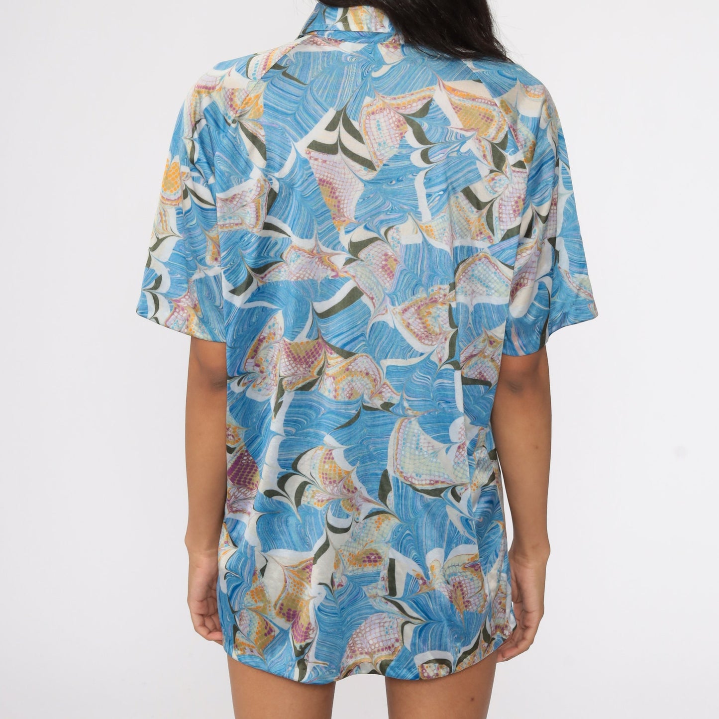 70s Psychedelic Acid Print Button Up Shirt Blue Large