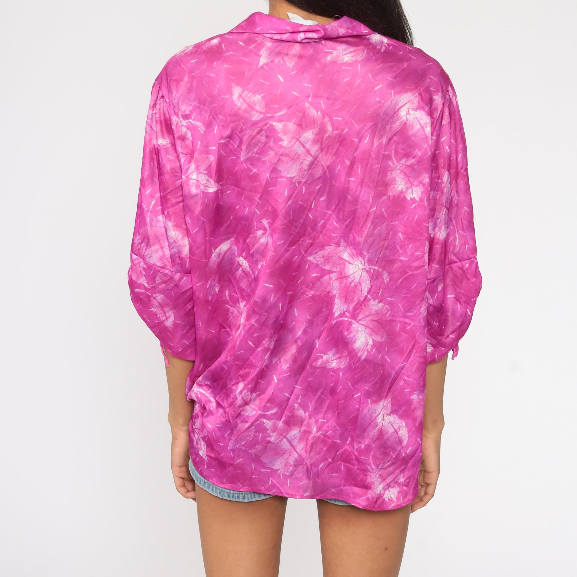 80s Purple Leaf Print Button-Up Blouse Short Sleeve Shirt Large