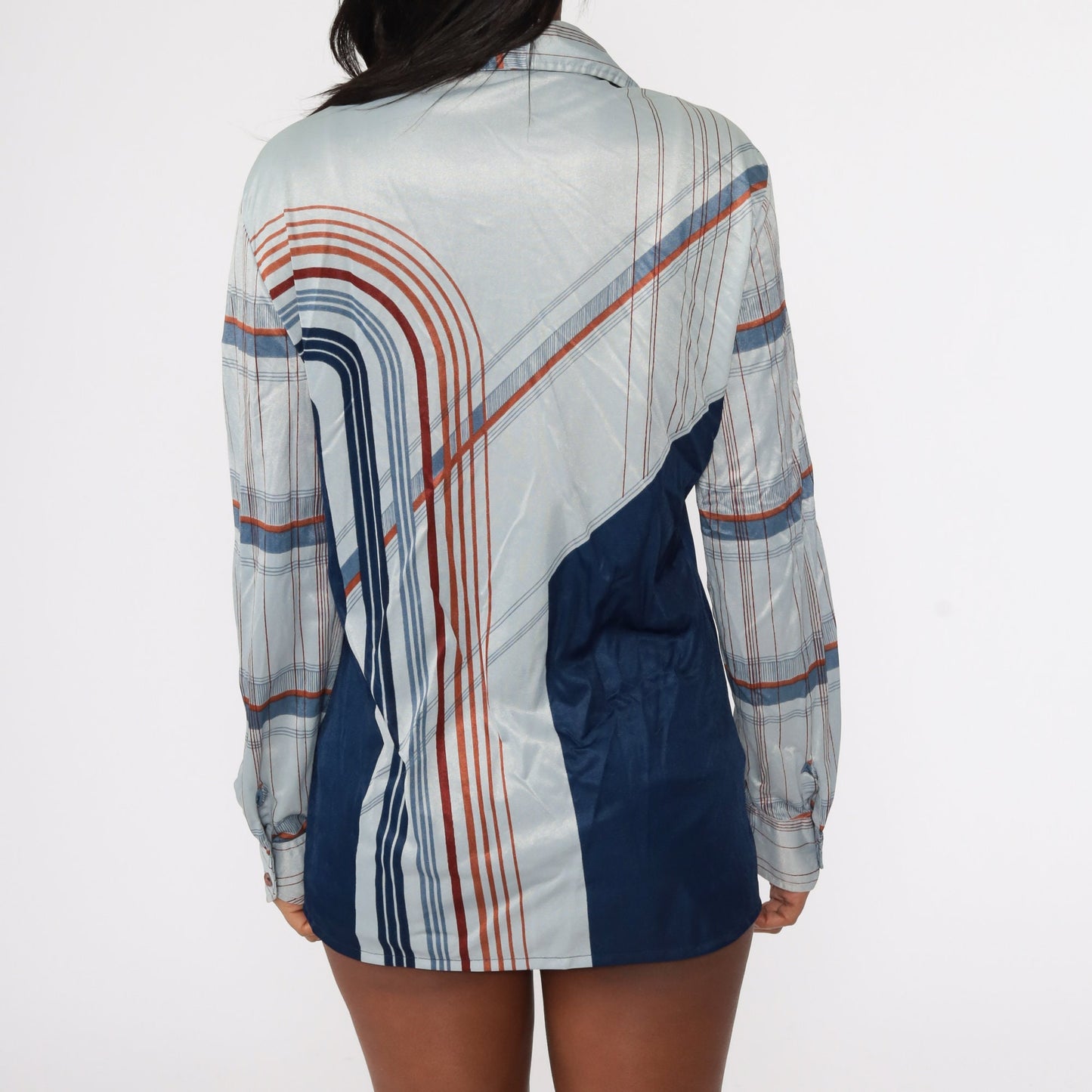 70s Psychedelic Stripe Button Up Blouse Grey Blue Long Sleeve Large L