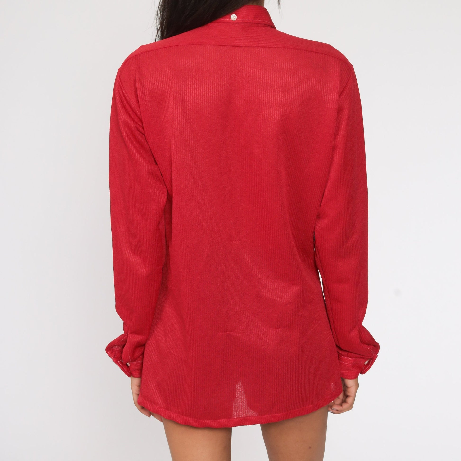 70s Red Dagger Collar Button-Up Shirt Topstitched Long Sleeve Medium Large