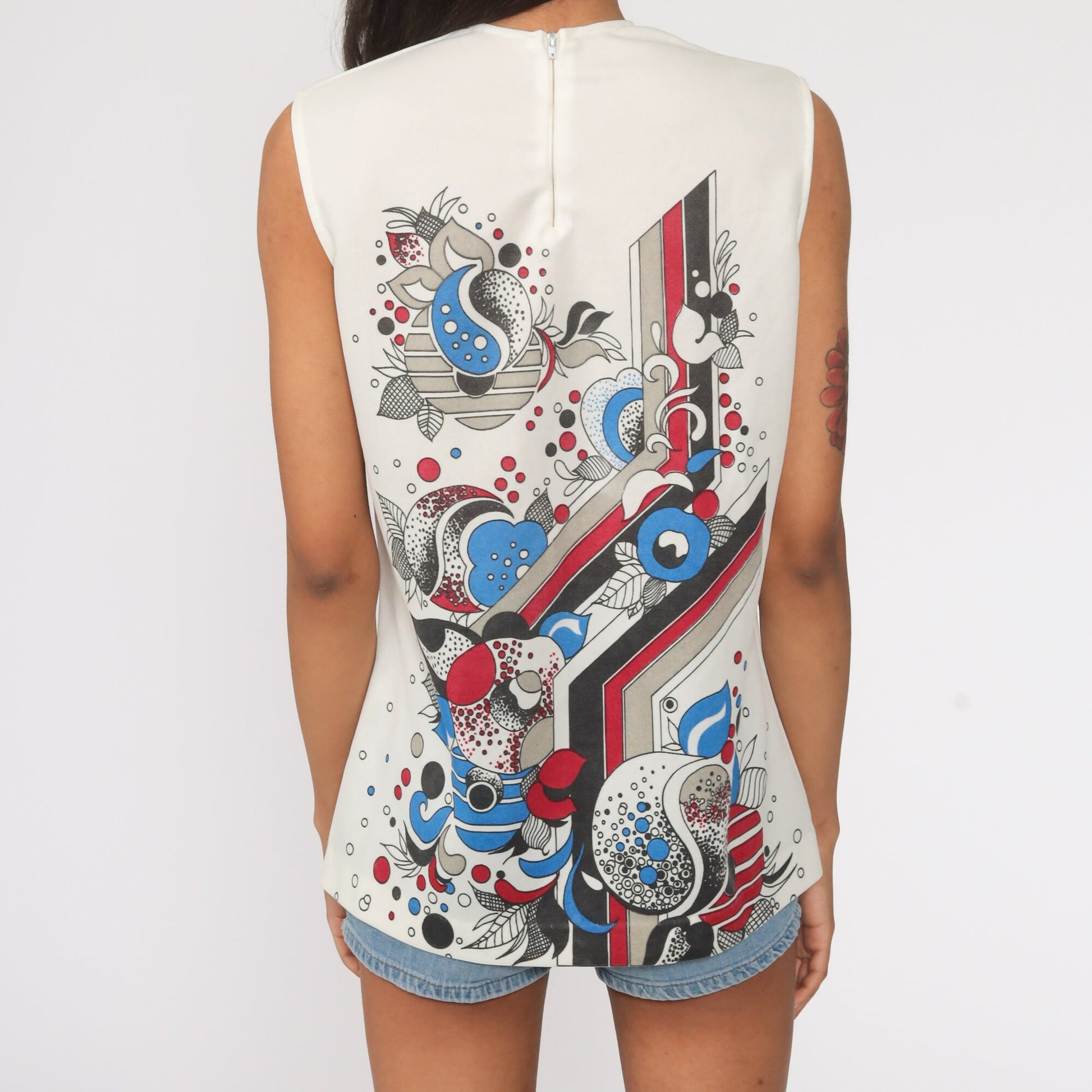 70s Psychedelic Yin Yang Floral Tank Top White Sleeveless Medium