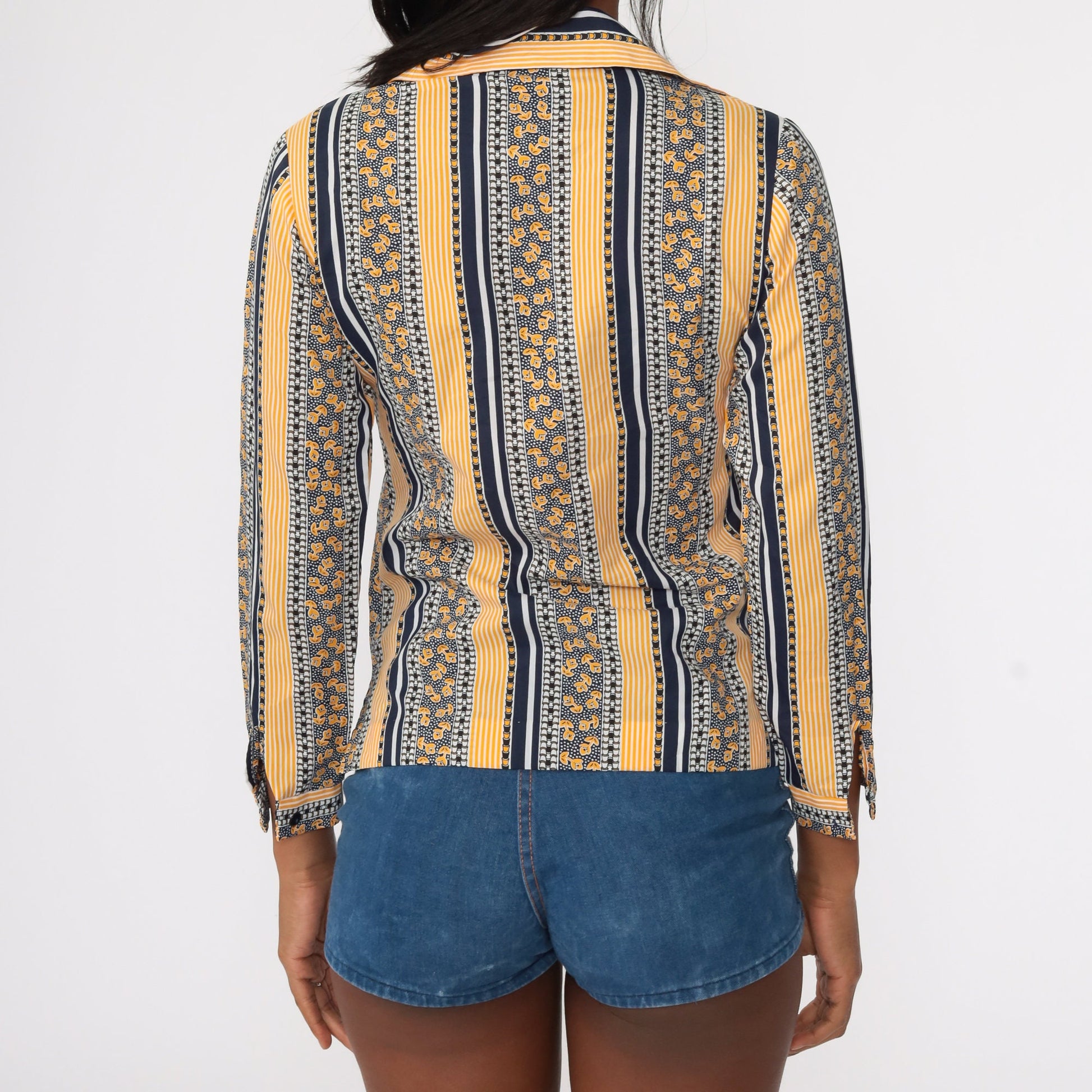 70s Floral Striped Shirt Dagger Collar Yellow Button Up Blouse Small