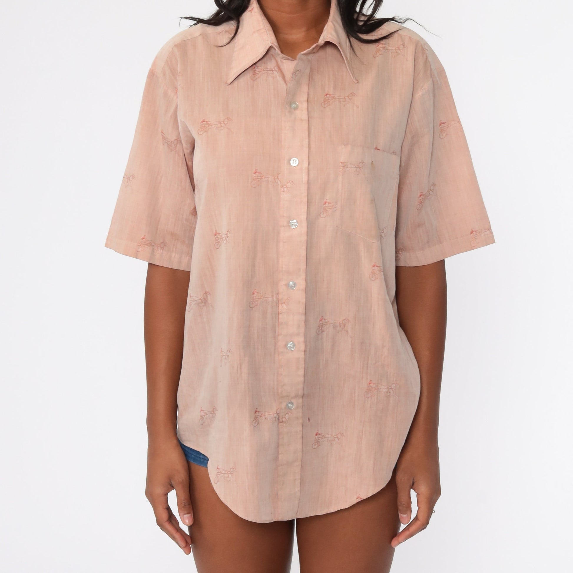 70s Horse Print Button Up Shirt Dagger Collar Tan Cotton Blend Large