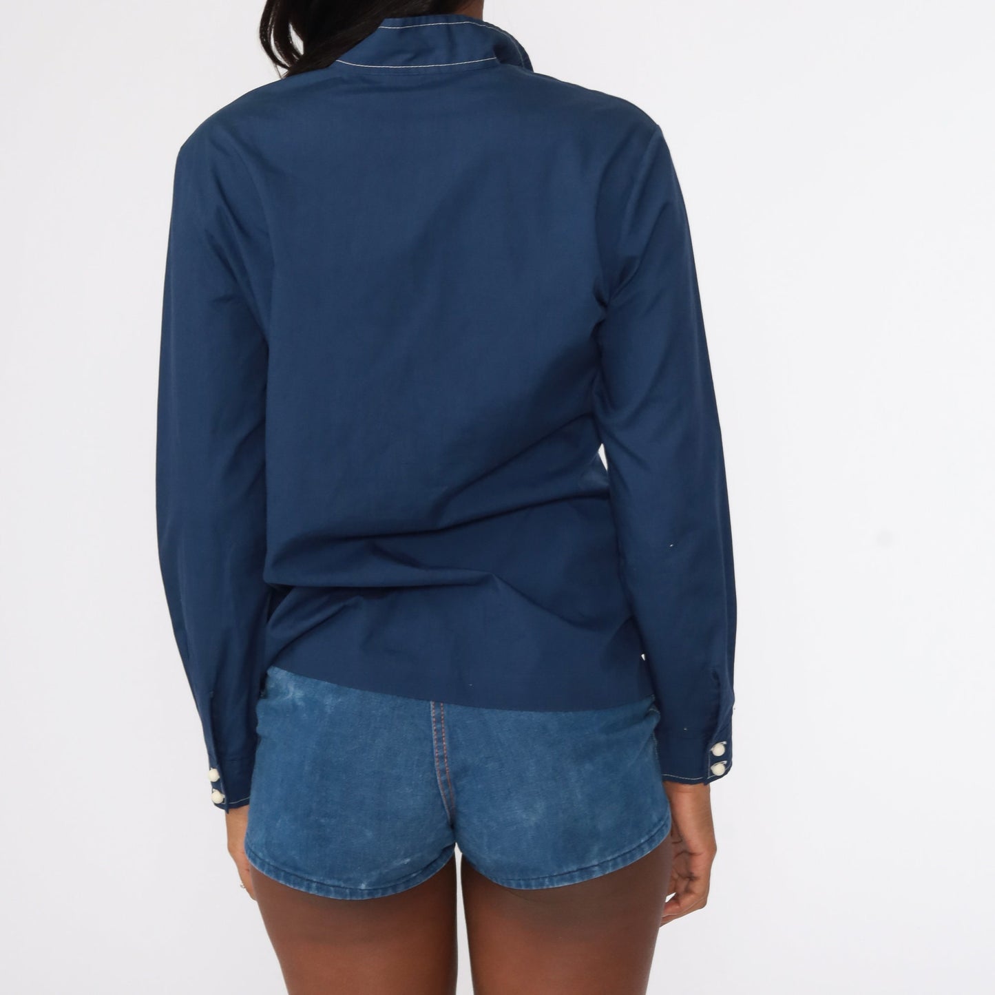 70s Navy Blue Button-Up Shirt Topstitched Oxford Long Sleeve Medium