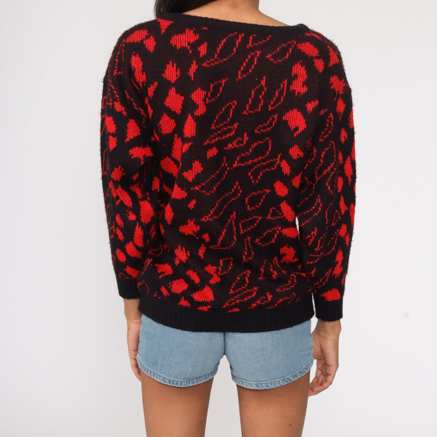 80s Black Knit Sweater with Red Leaf Abstract Design Medium