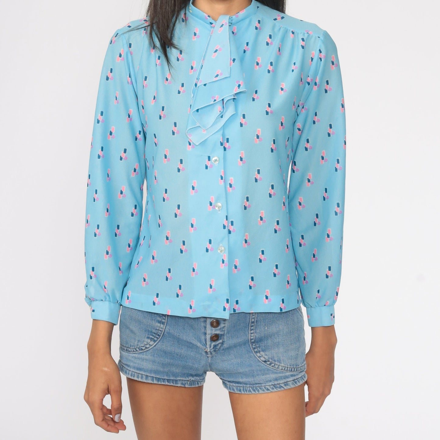 70s-80s Baby Blue Ascot Blouse Long Sleeve Button Up Secretary Shirt Medium
