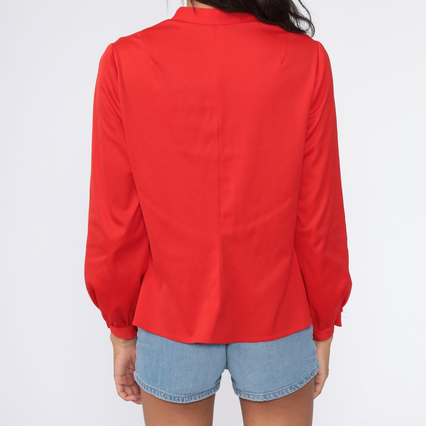 70s Red Half-Button Polyester Blouse Collarless Long Sleeve Medium