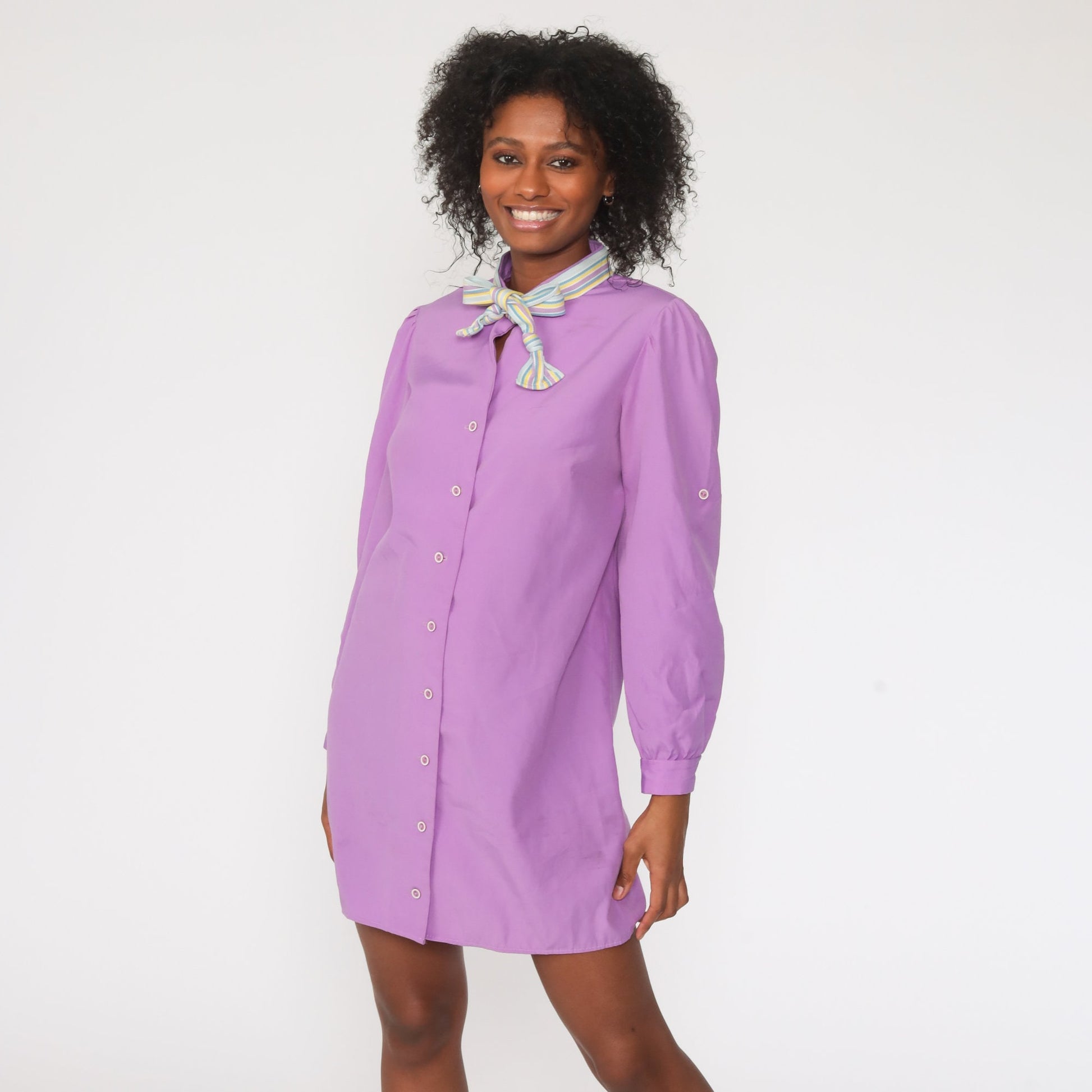 70s Purple Ascot Shift Mini Dress Long Sleeve Button Up Small Medium