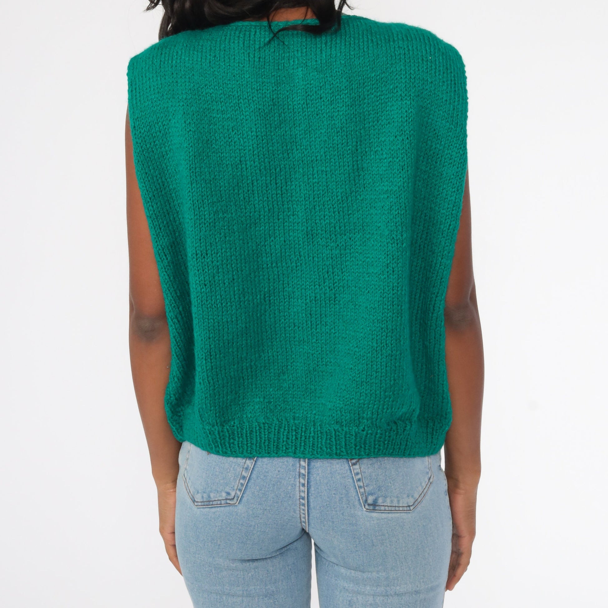 80s Cable Knit Sweater Vest Green Sleeveless Tank Large