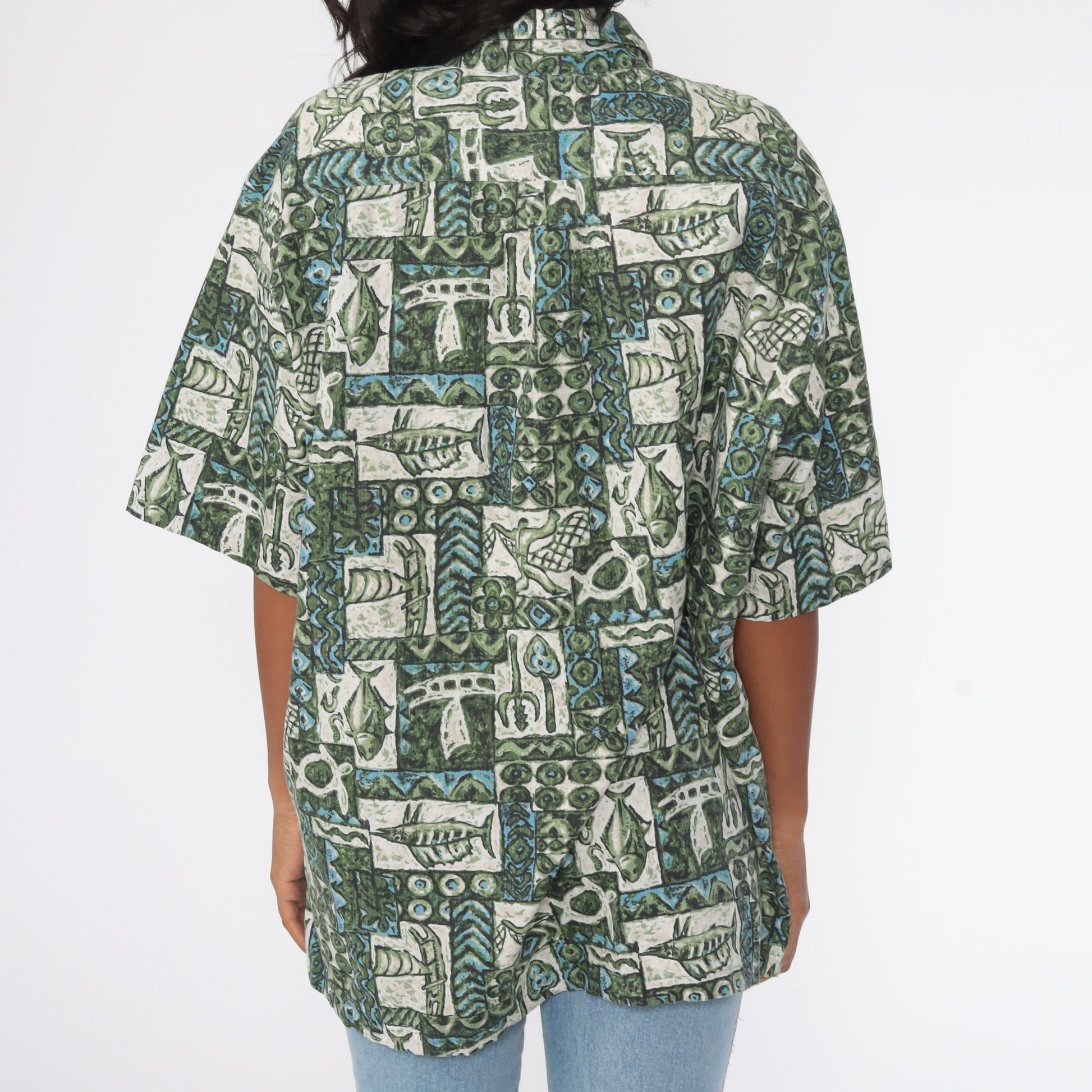 90s Tropical Fish Print Hawaiian Shirt Cotton Button Up Plus Size XXL