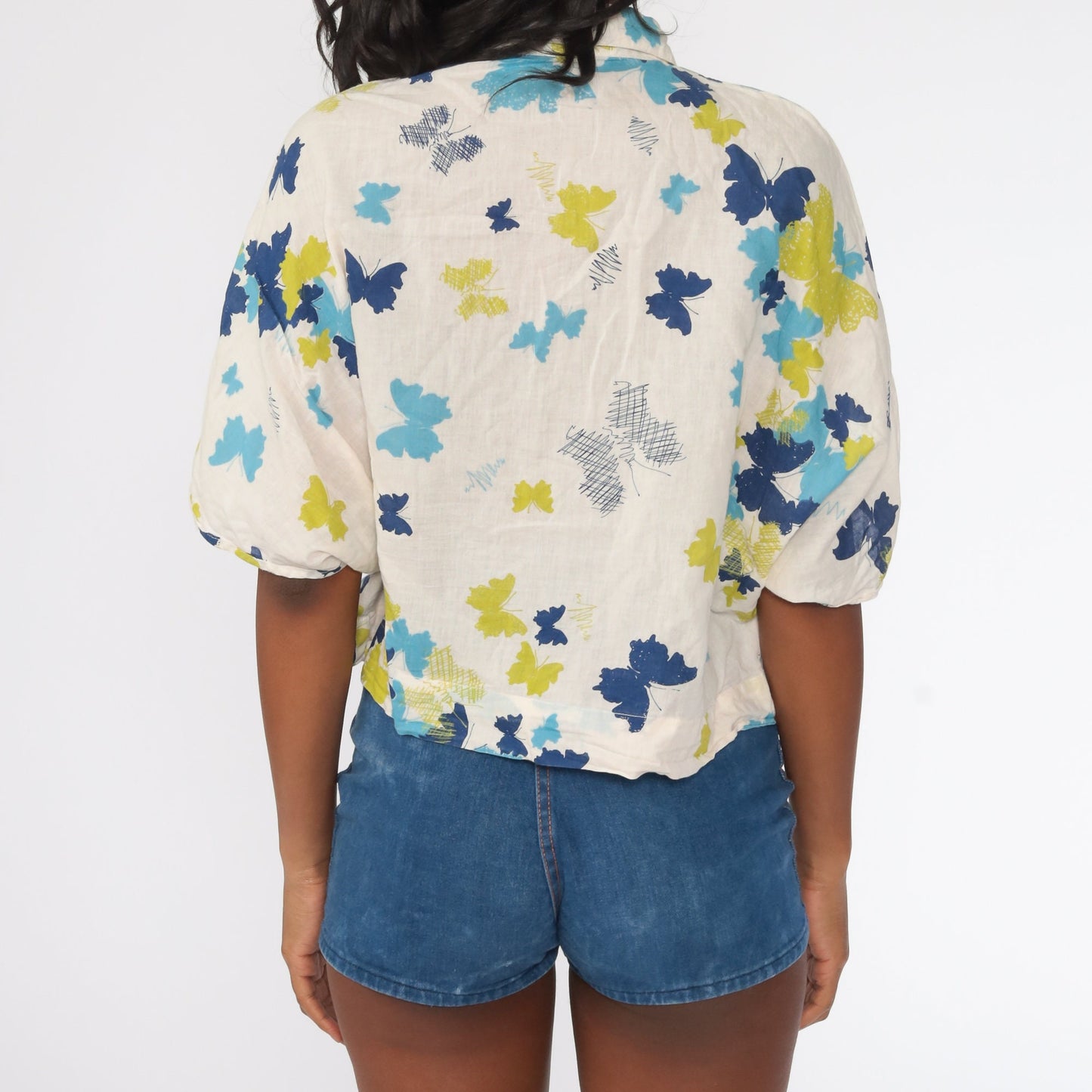 00s Tropical Butterfly Button Up Shirt Beige Blue Cotton Large