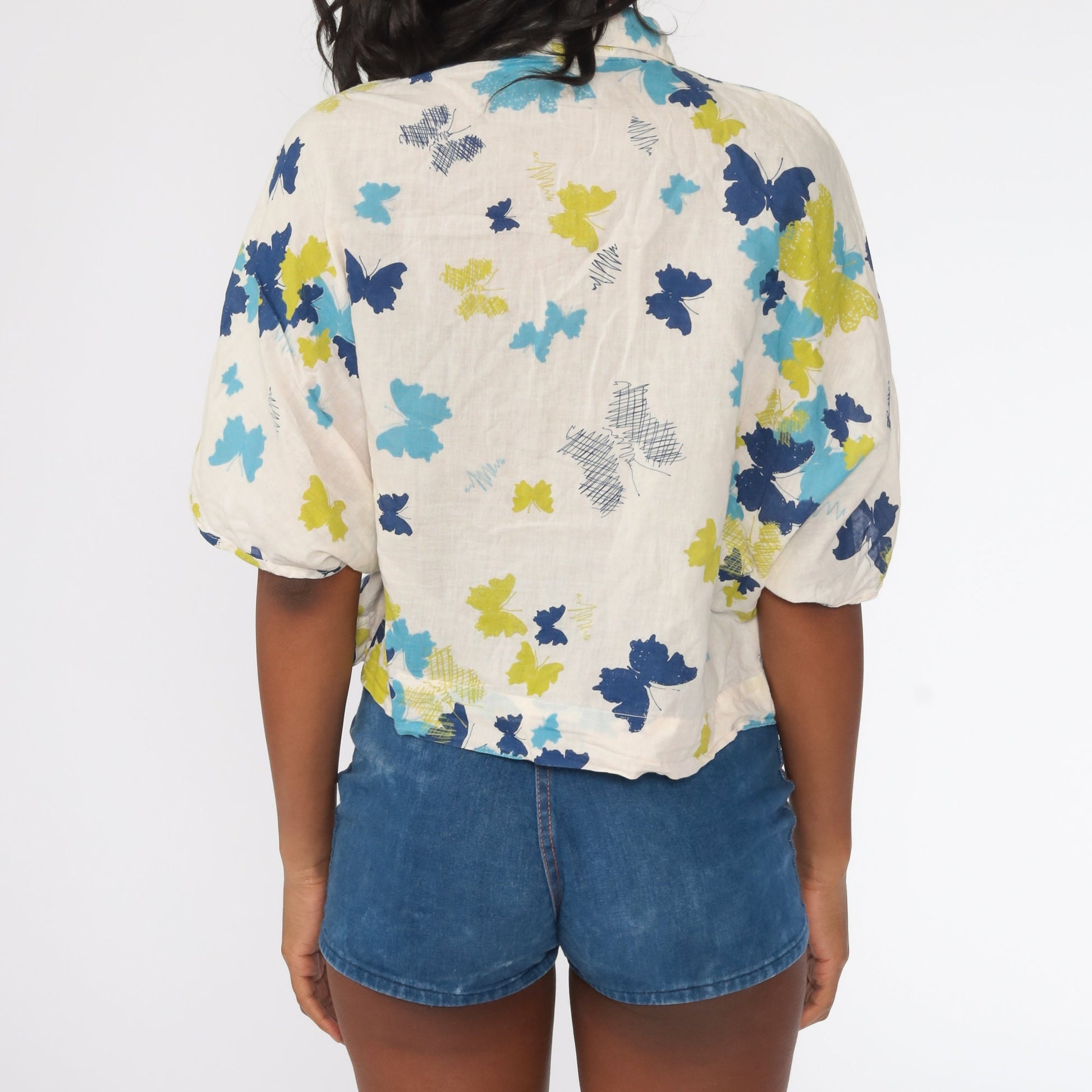 00s Tropical Butterfly Button Up Shirt Beige Blue Cotton Large