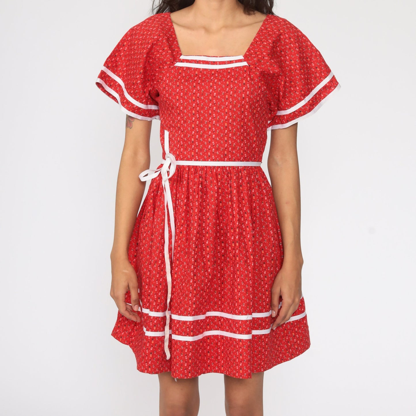 70s Red Calico Floral Mini Dress High Waist Short Sleeve Extra Small