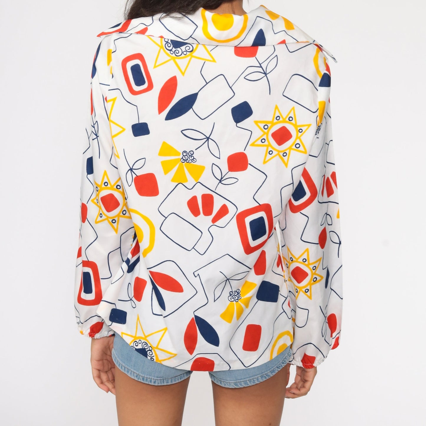 70s Floral Shirt Dagger Collar Button Up Blouse White Geometric Long Sleeve Medium