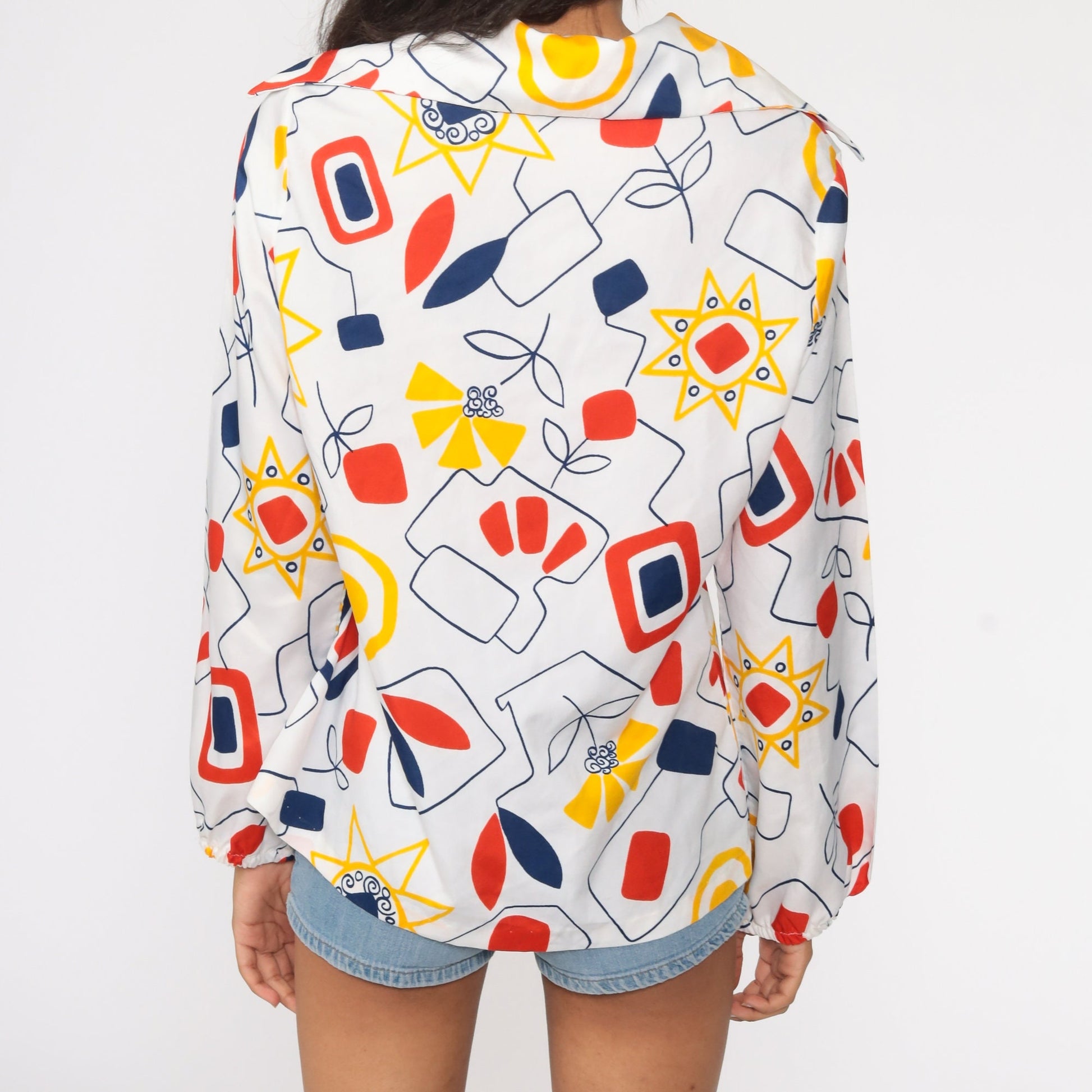 70s Floral Shirt Dagger Collar Button Up Blouse White Geometric Long Sleeve Medium