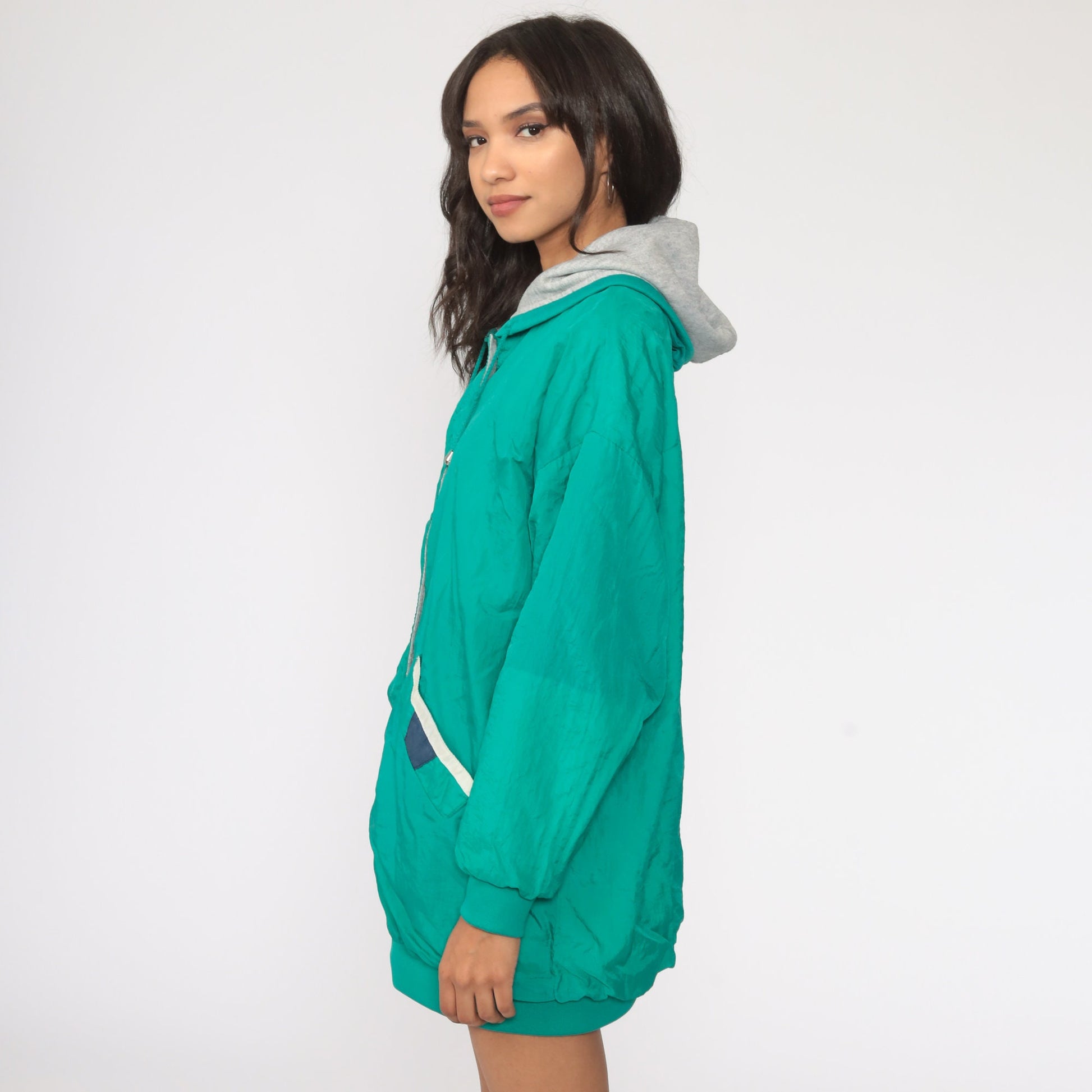 80s Reversible Hooded Windbreaker Nylon Green Grey Color Block Jacket