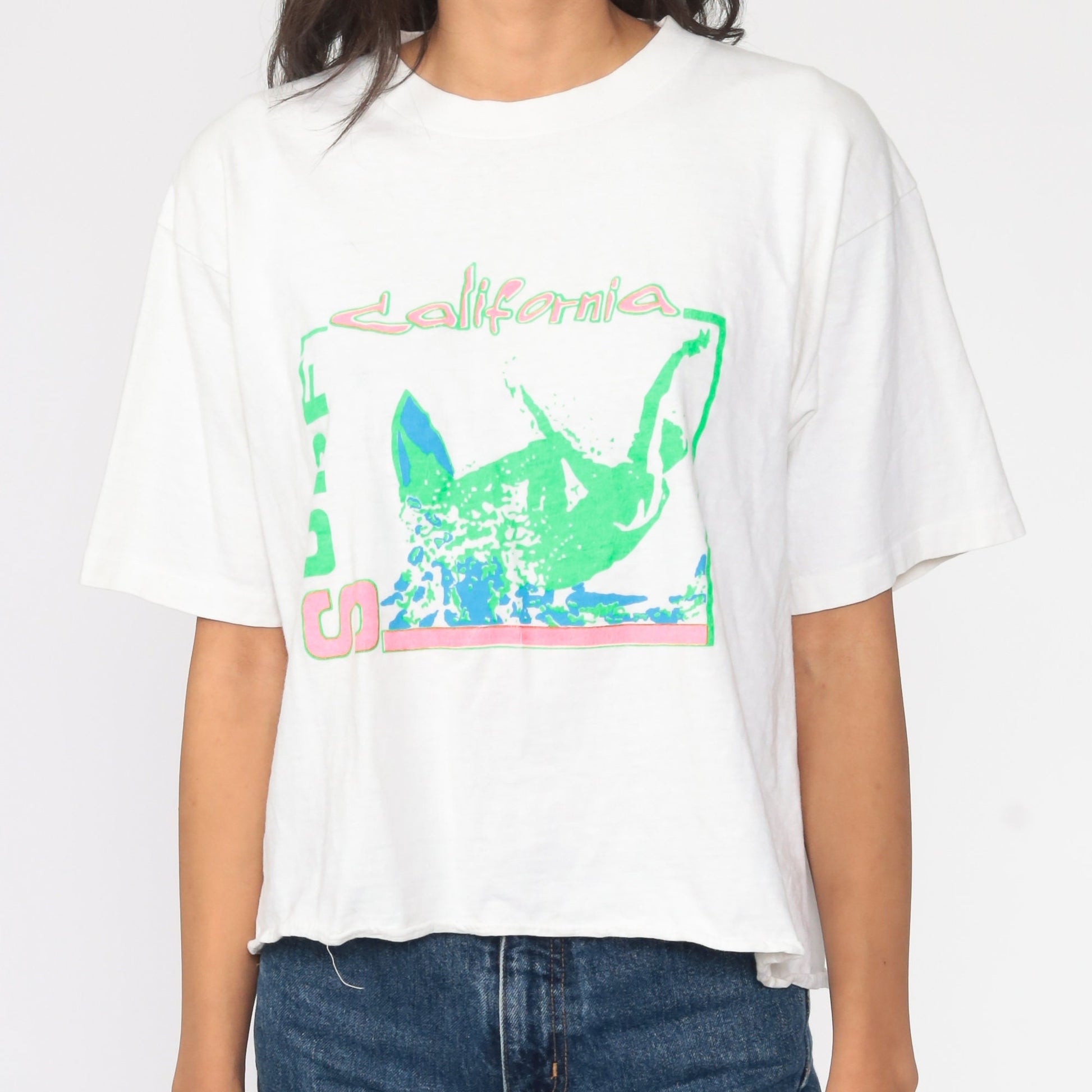 90s Neon Surfer Graphic T-Shirt California White Green Crop Large L