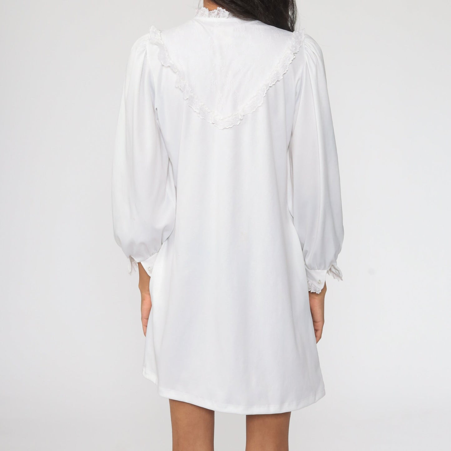 70s White Lace Bib Mini Dress Puff Sleeve Shift Small