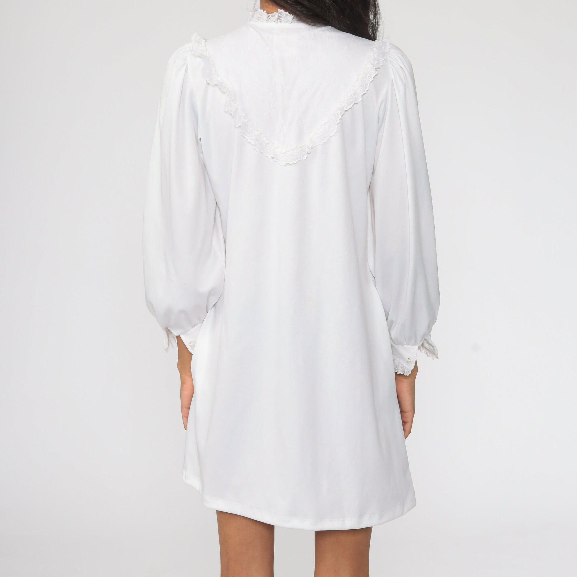 70s White Lace Bib Mini Dress Puff Sleeve Shift Small