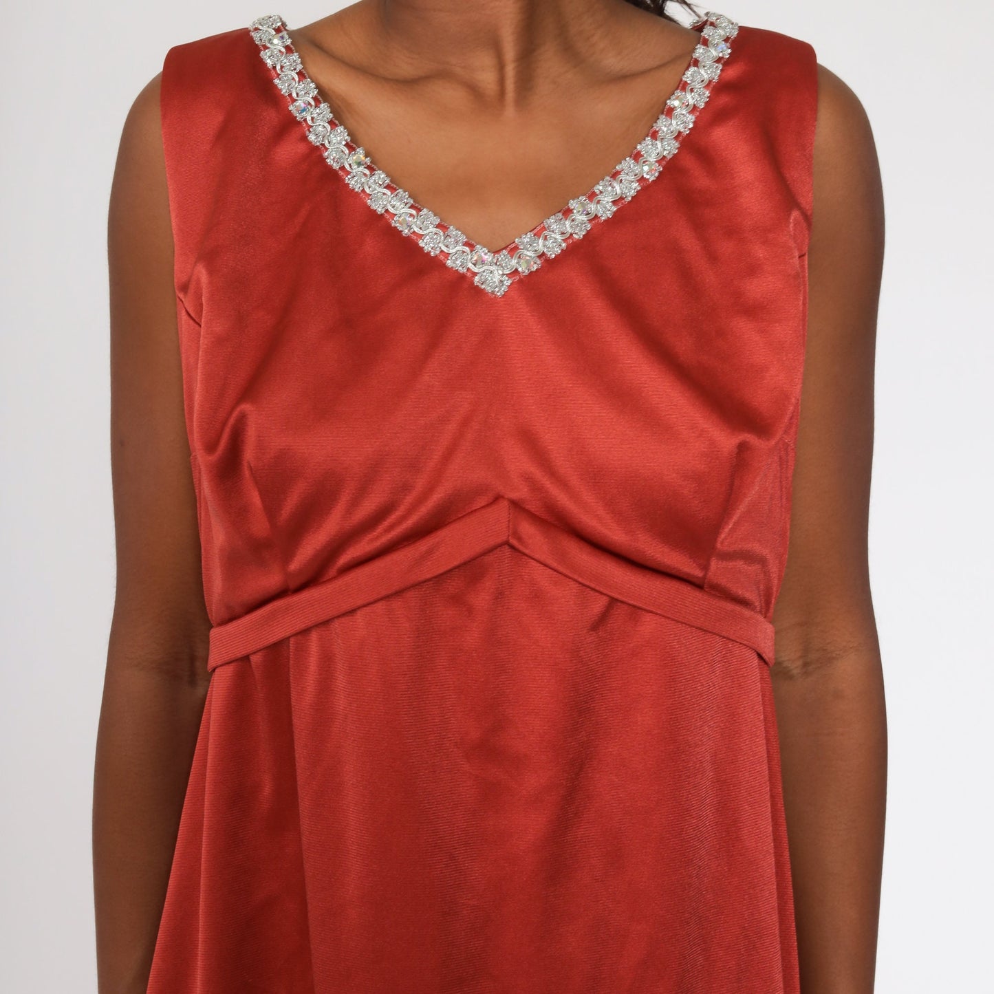 70s Rust Red Metallic Trim Empire Waist Mini Dress Sleeveless Large