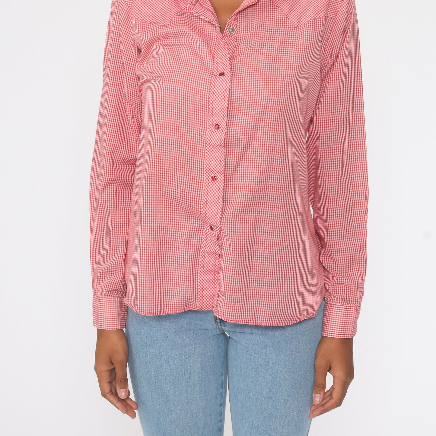 80s Red Gingham Pearl Snap Western Shirt Long Sleeve Large
