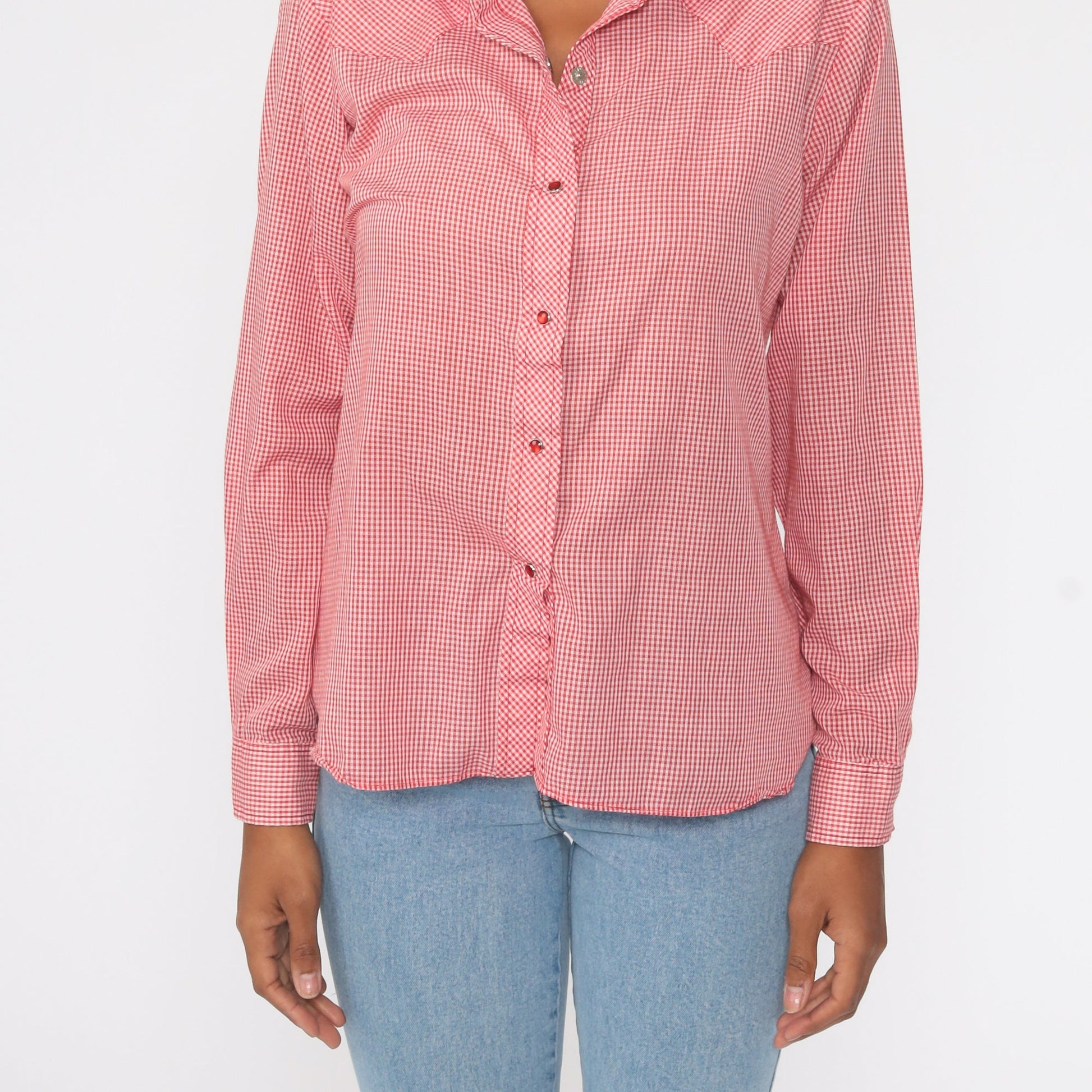 80s Red Gingham Pearl Snap Western Shirt Long Sleeve Large