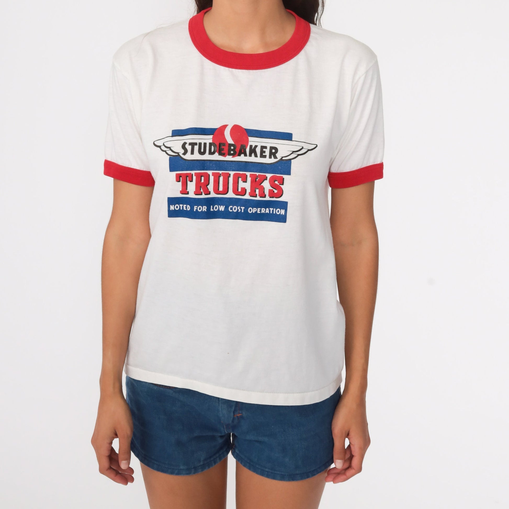 80s Studebaker Trucks Ringer Tee White Red Graphic Short Sleeve Medium