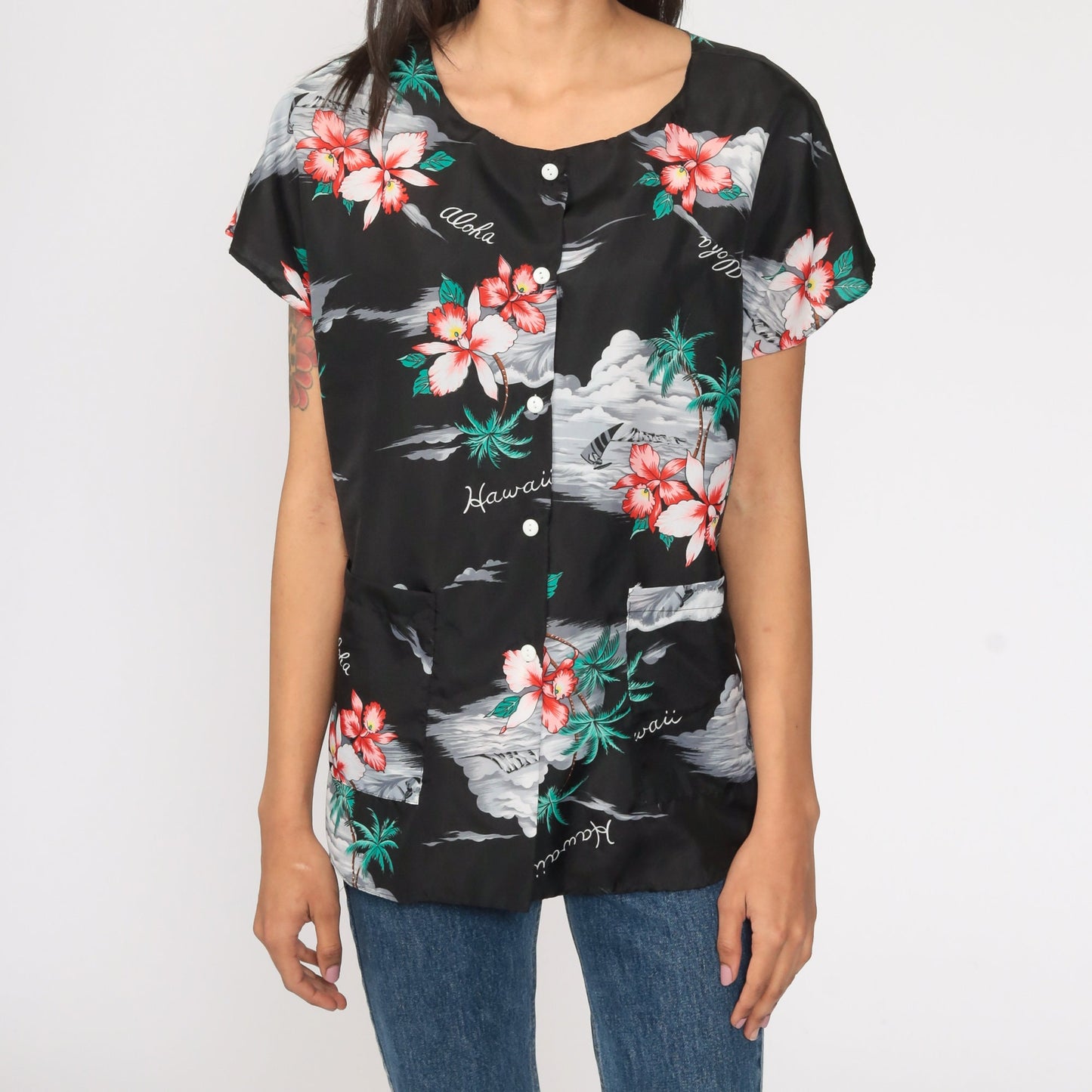 80s Tropical Floral Hawaiian Button-Up Blouse Black Hibiscus Print Medium Large