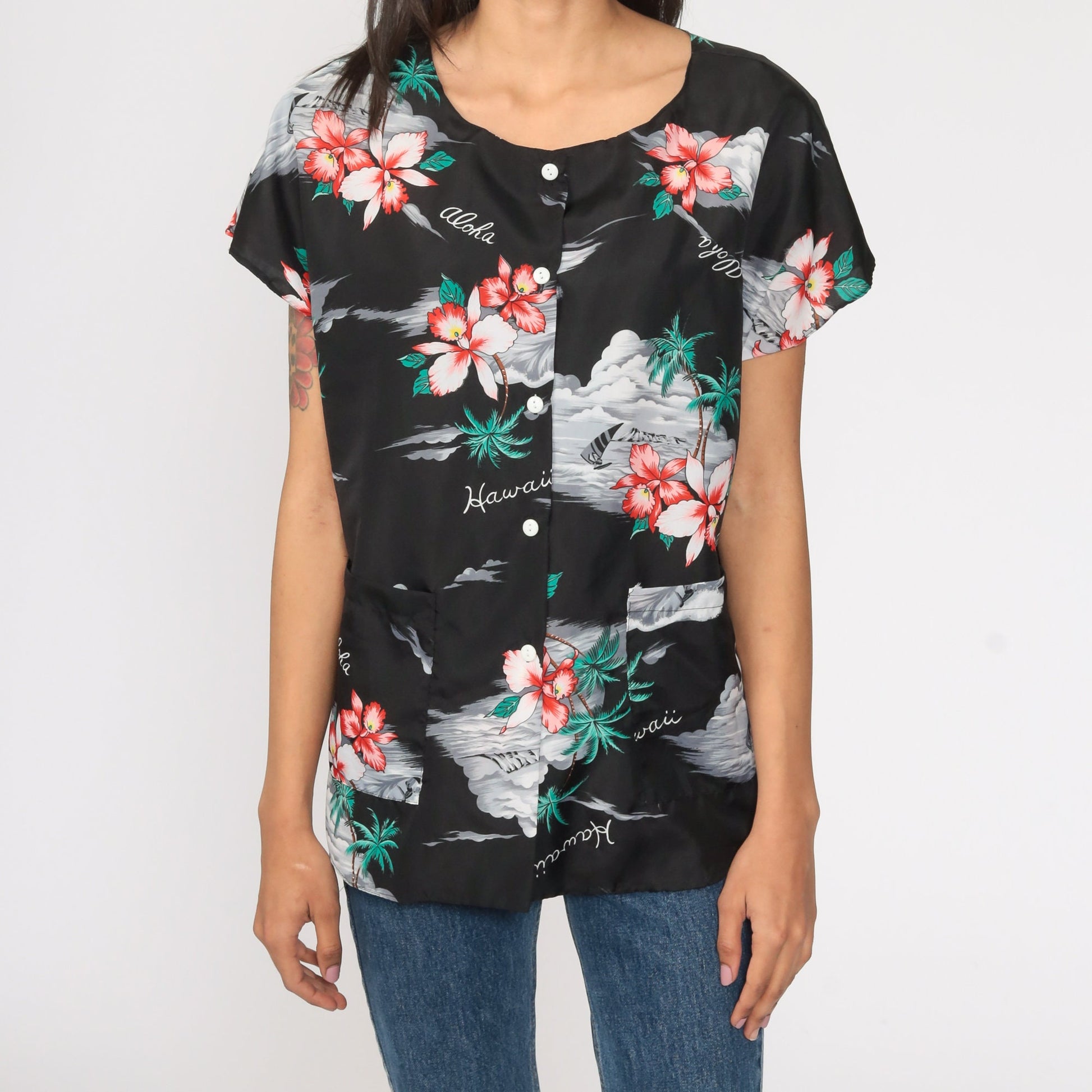 80s Tropical Floral Hawaiian Button-Up Blouse Black Hibiscus Print Medium Large