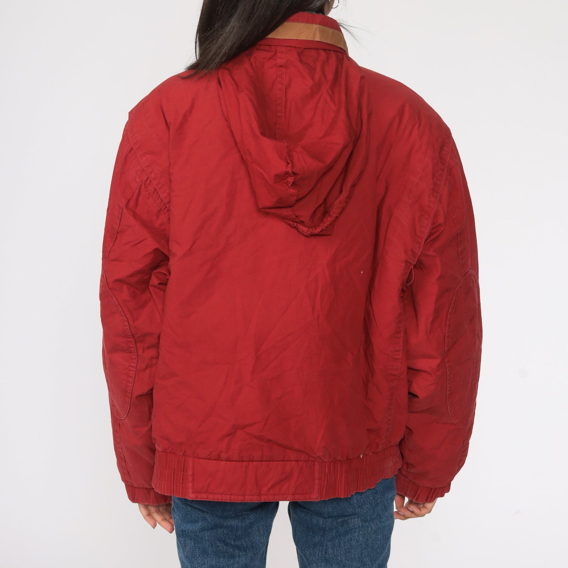 70s Red Down Puffer Ski Jacket Hooded Zip Coat Medium