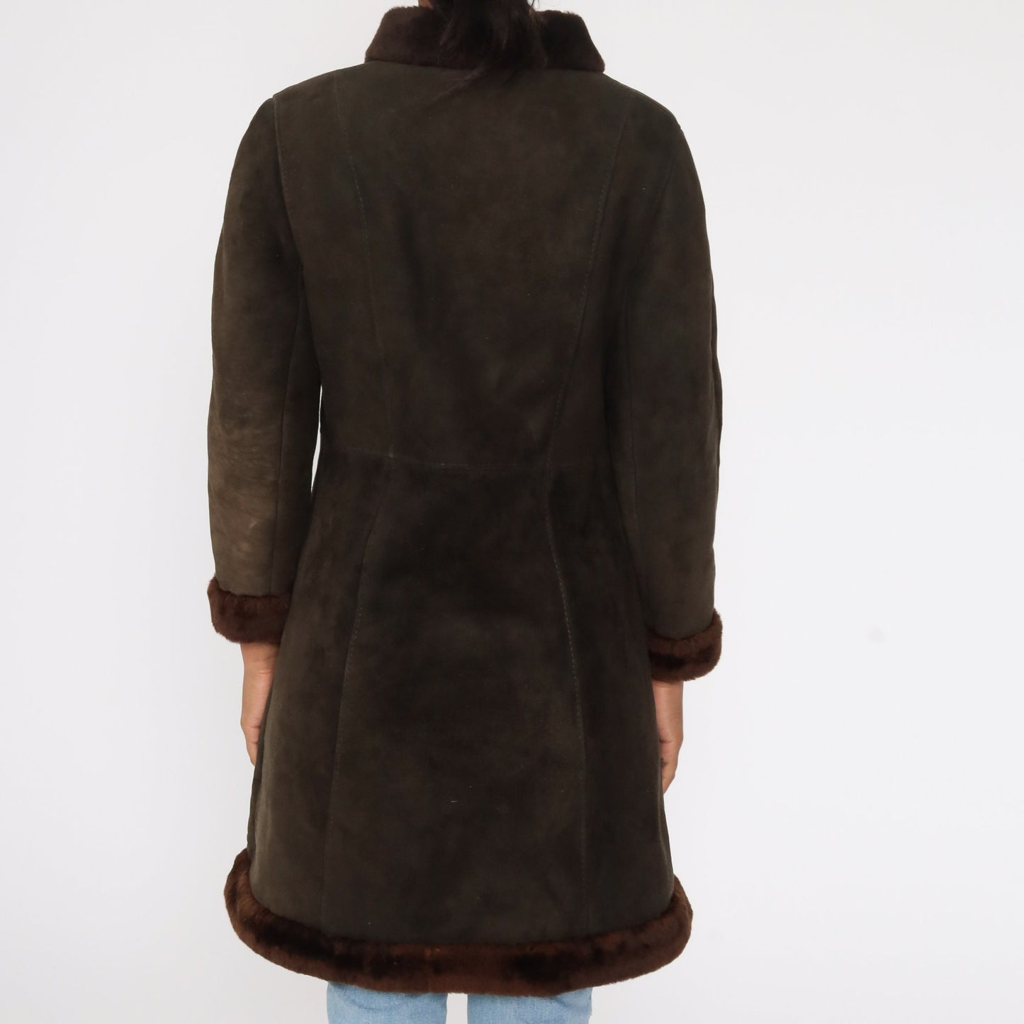 80s Brown Suede Coat Fur Lined Long Jacket Small