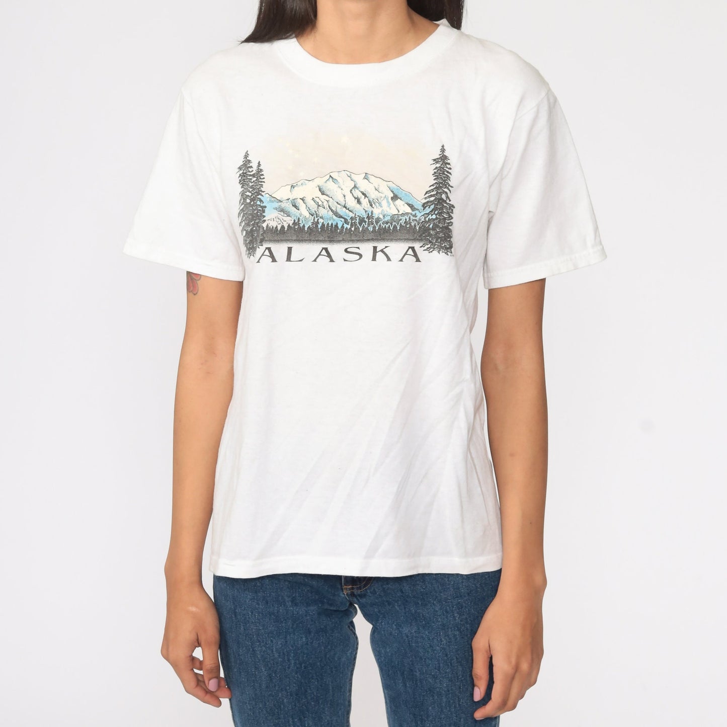 90s Alaska Mountain Graphic T-Shirt White Cotton Tee Extra Small