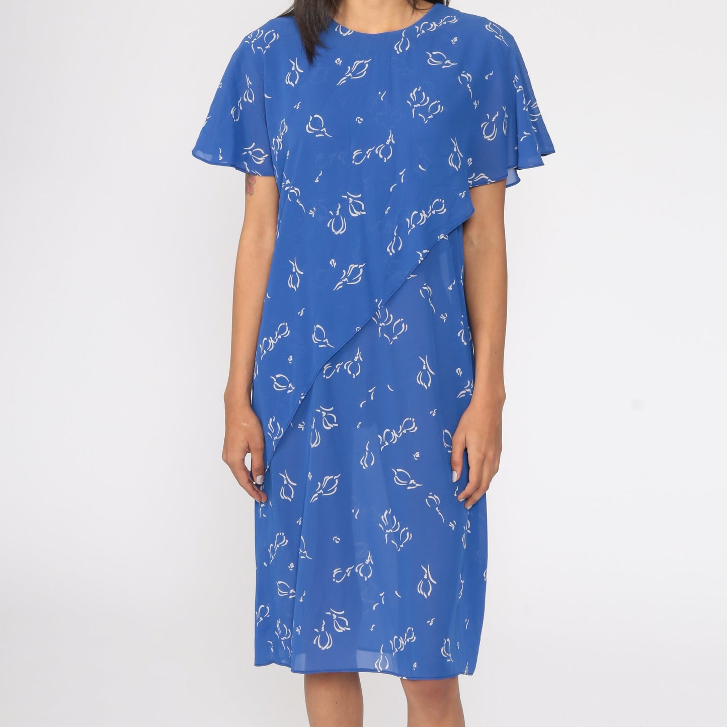 90s Floral Shift Dress Blue Flutter Sleeve Midi Semi-Sheer Medium