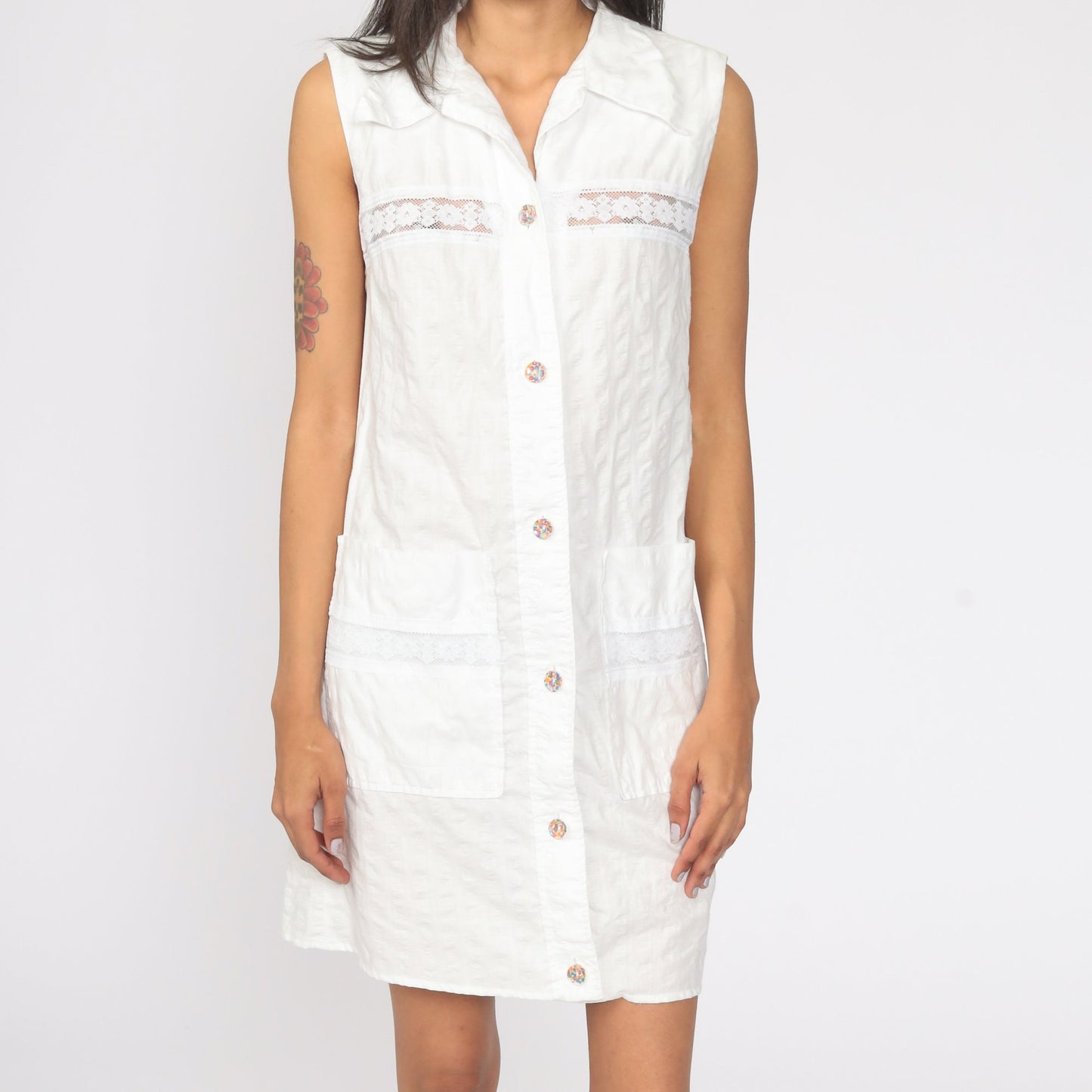 70s White Lace Trim Mini Dress Floral Button Front Shift Small