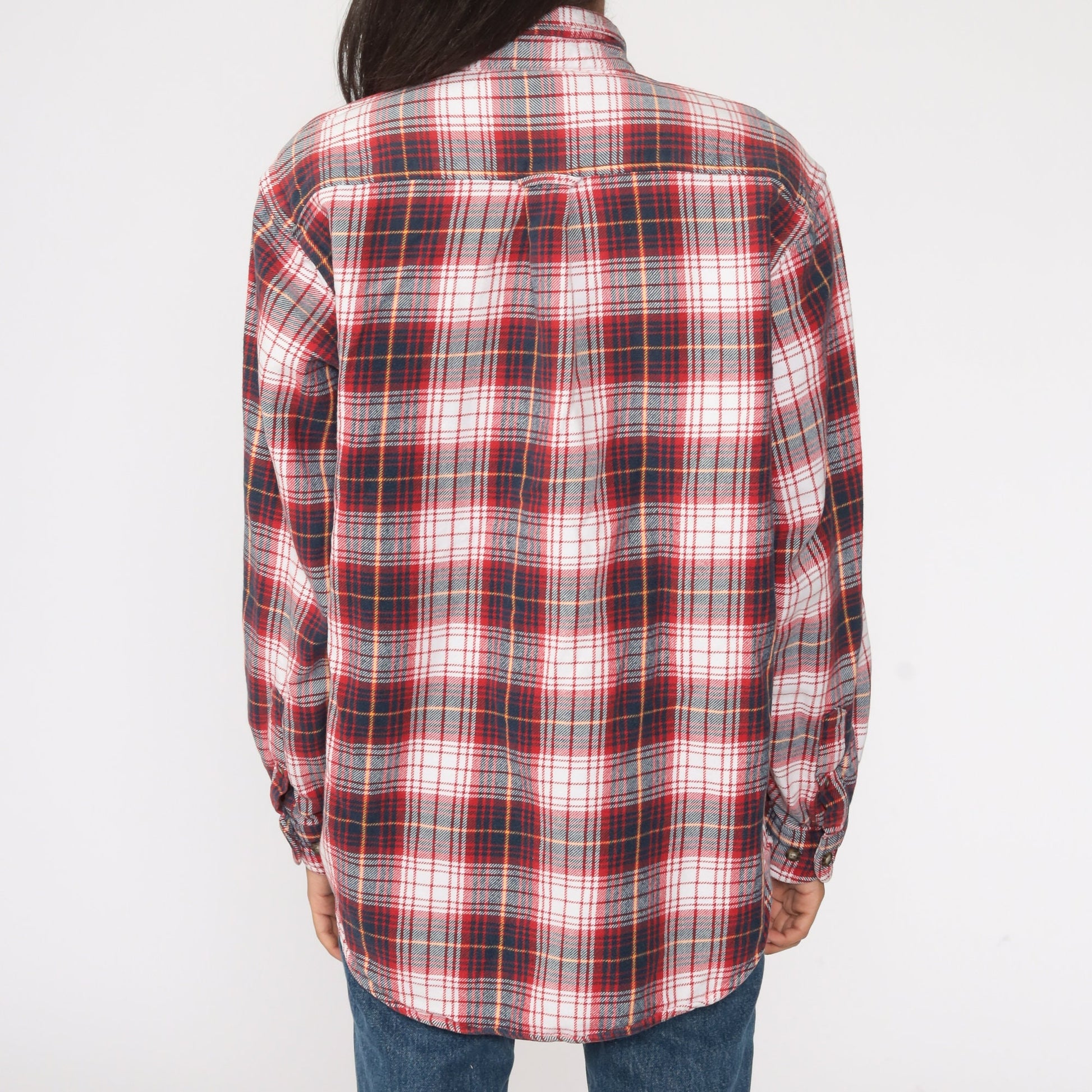 90s Red Navy Plaid Flannel Shirt Cotton Button Up Large