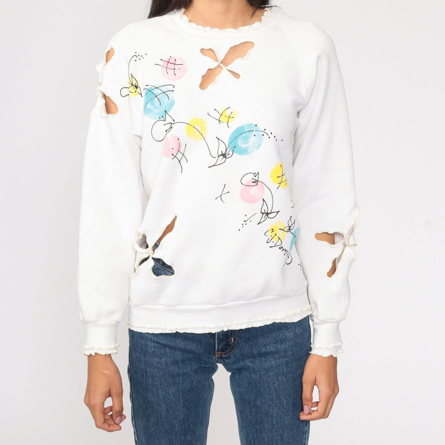 80s Floral Cutout White Raglan Sweatshirt Crewneck XS