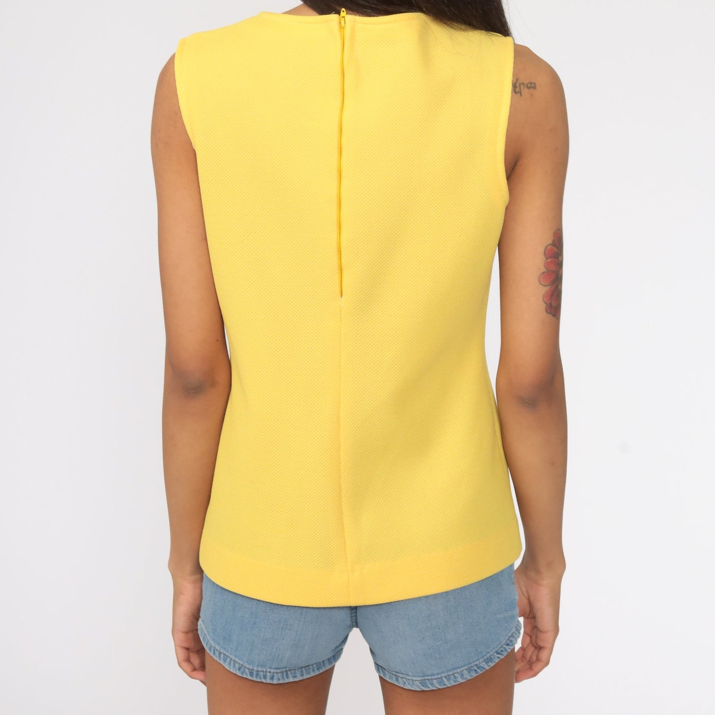 70s Yellow Sleeveless Tank Top Round Neckline Rear Zipper Small