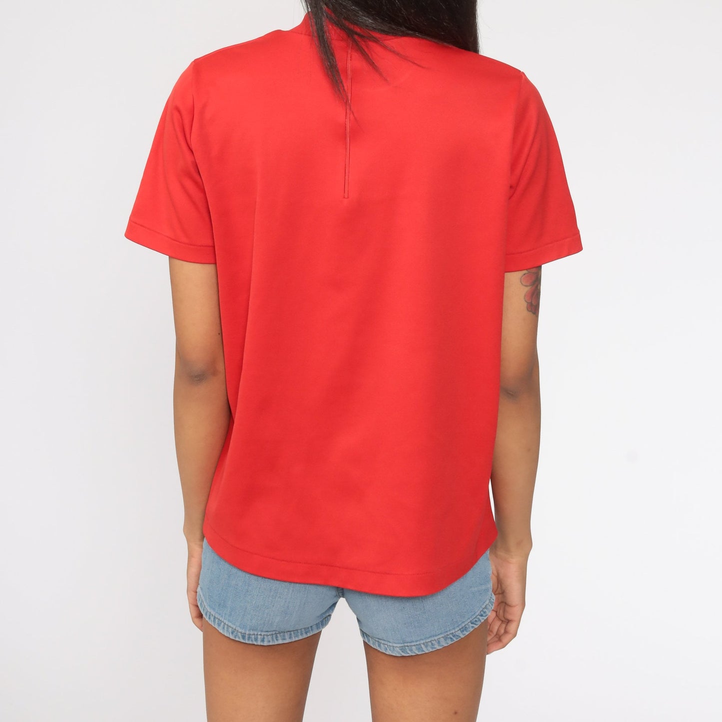 70s Red Mock Neck Ribbed Shirt Short Sleeve Vintage Blouse Medium Large
