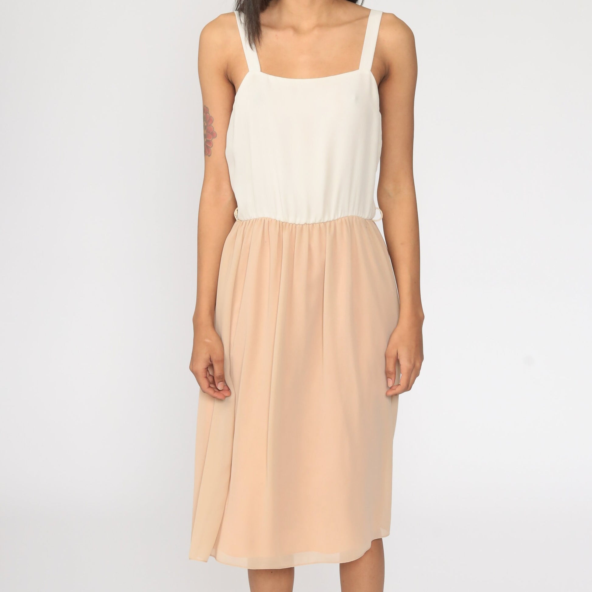 70s Off-White Tan Midi Sundress High Waist Sleeveless Tank Extra Small