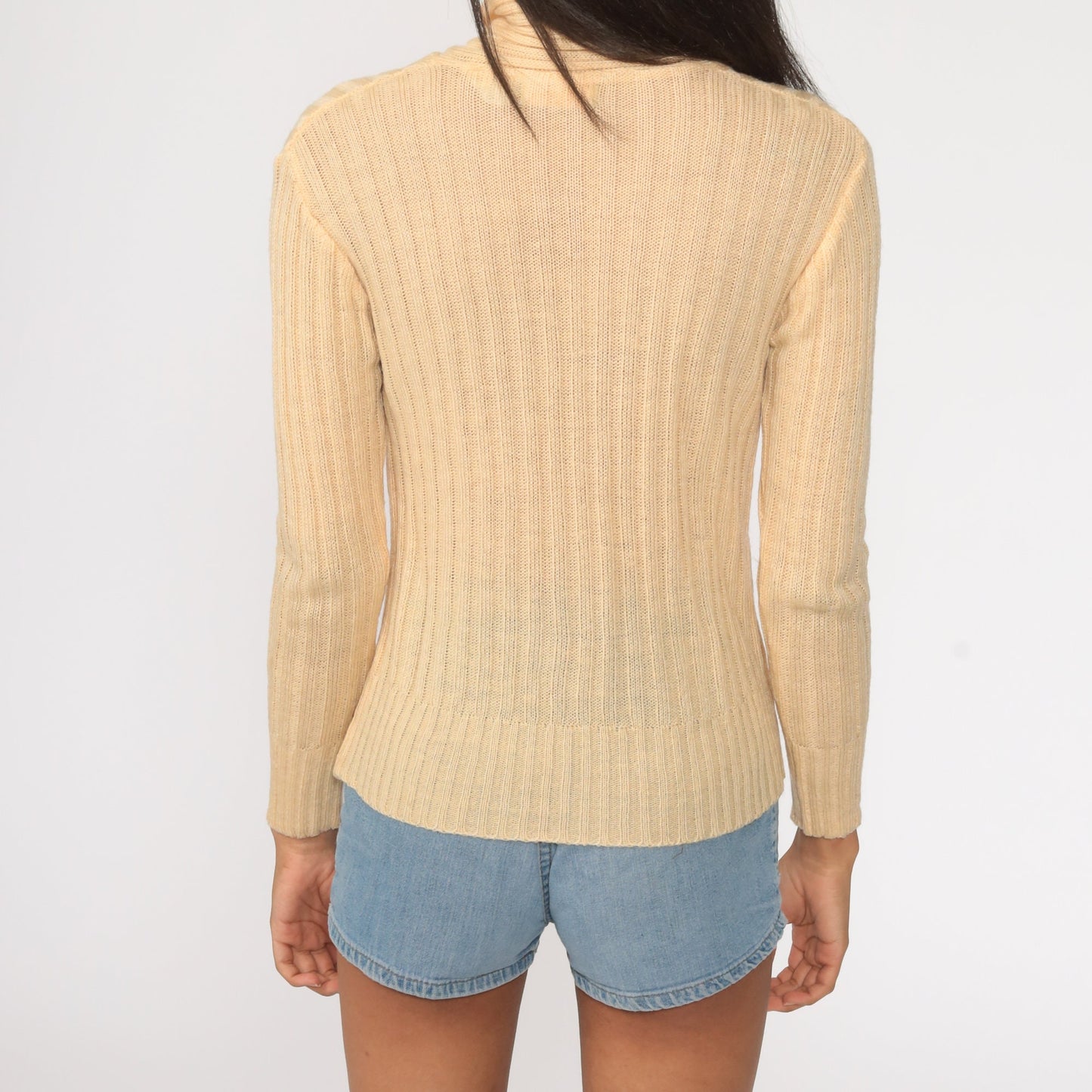 70s Floral Embroidered Ascot Sweater Pale Orange Knit Pullover Small