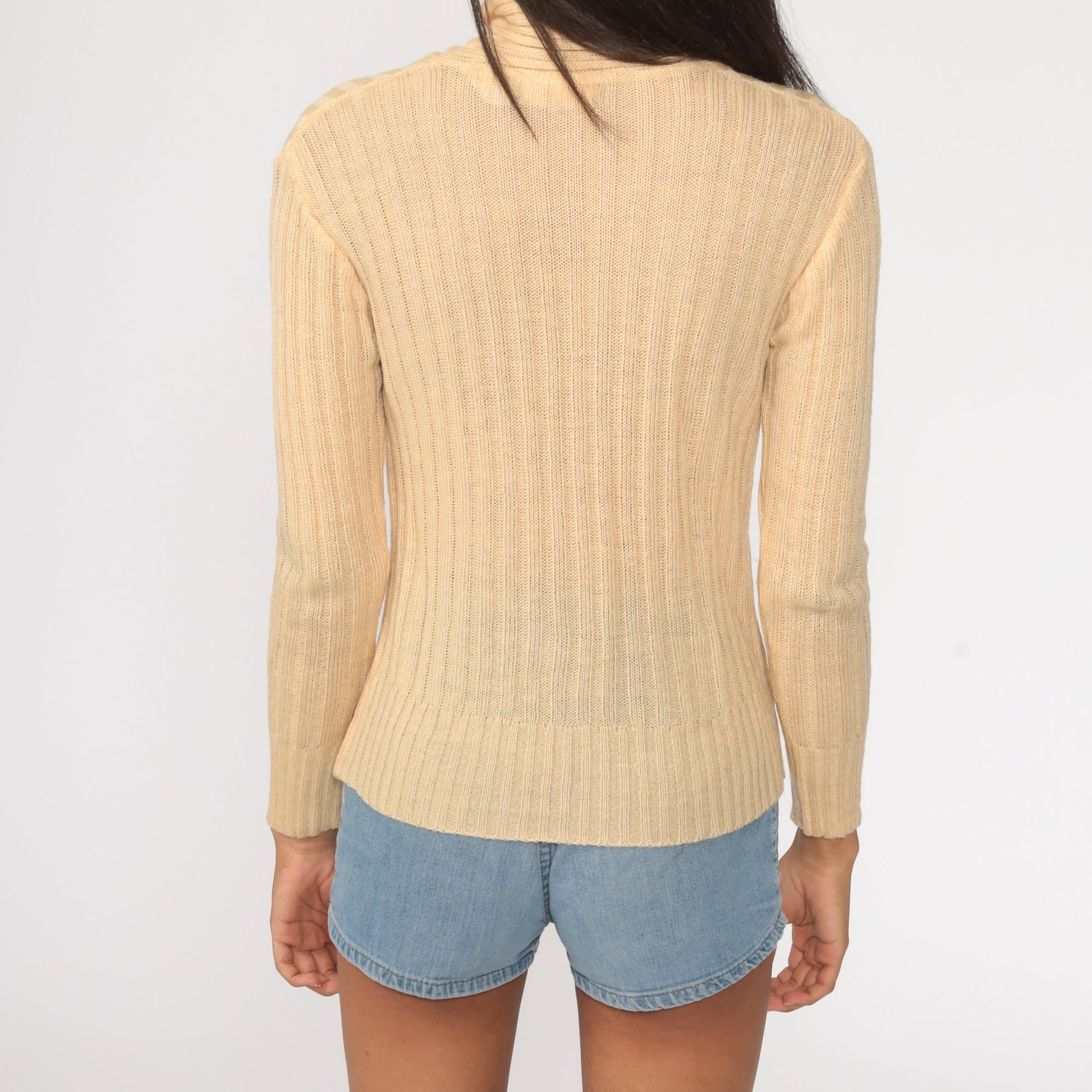 70s Floral Embroidered Ascot Sweater Pale Orange Knit Pullover Small