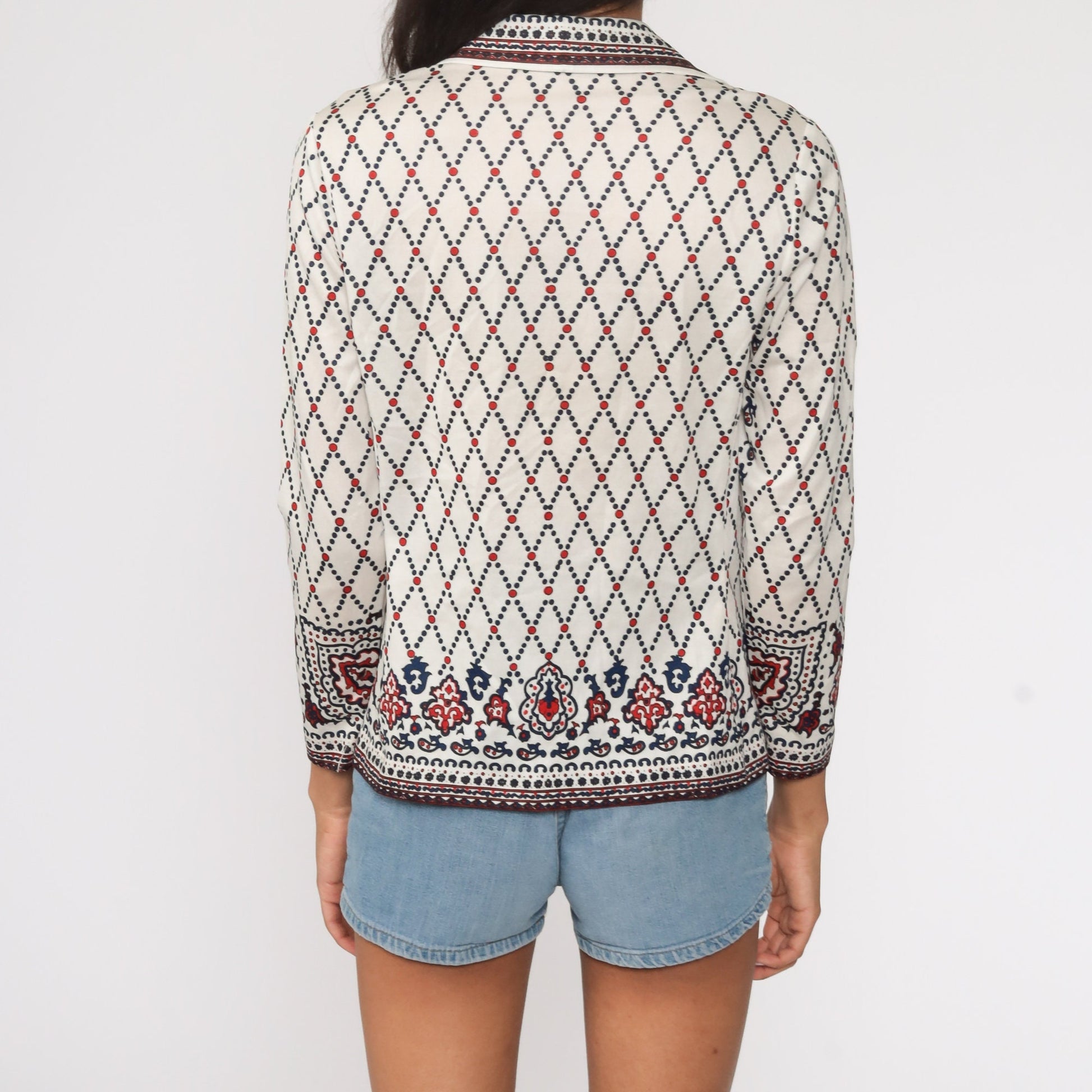 70s Floral Paisley Print Button-Up Blouse White Long Sleeve Small