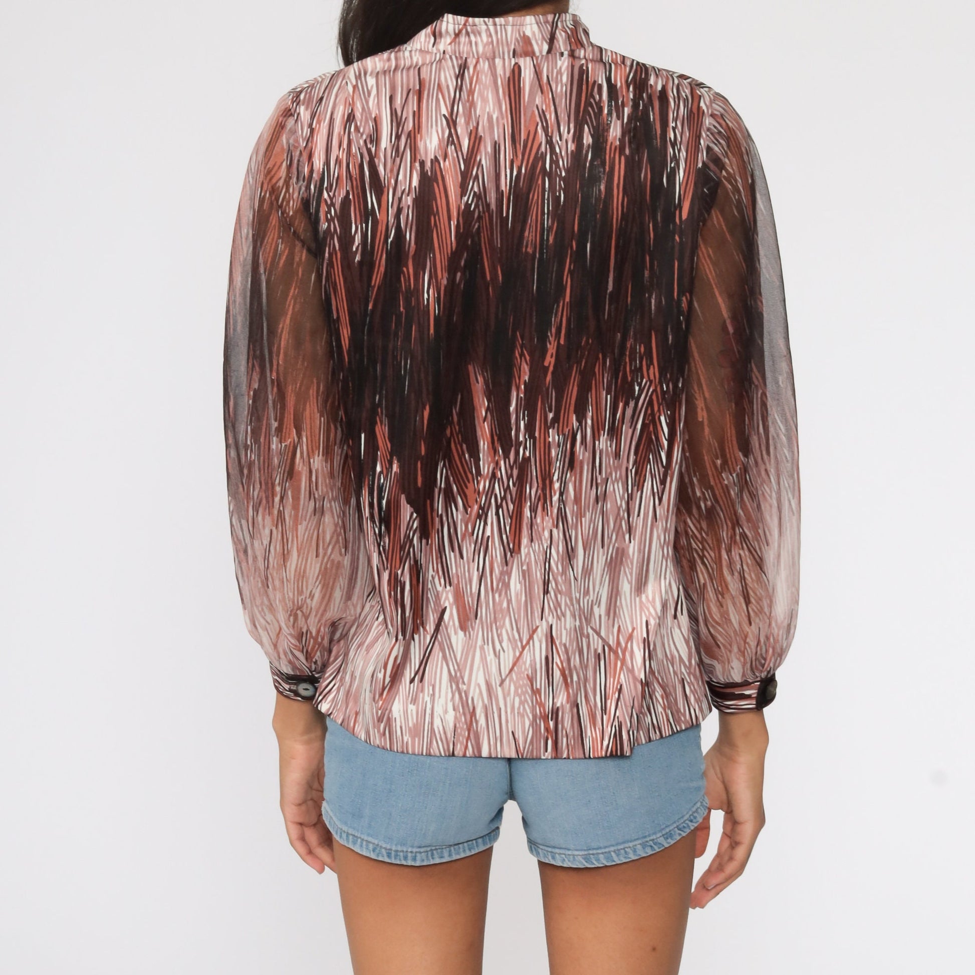 70s Brushstroke Blouse Brown Sheer Sleeve Vintage Top Medium